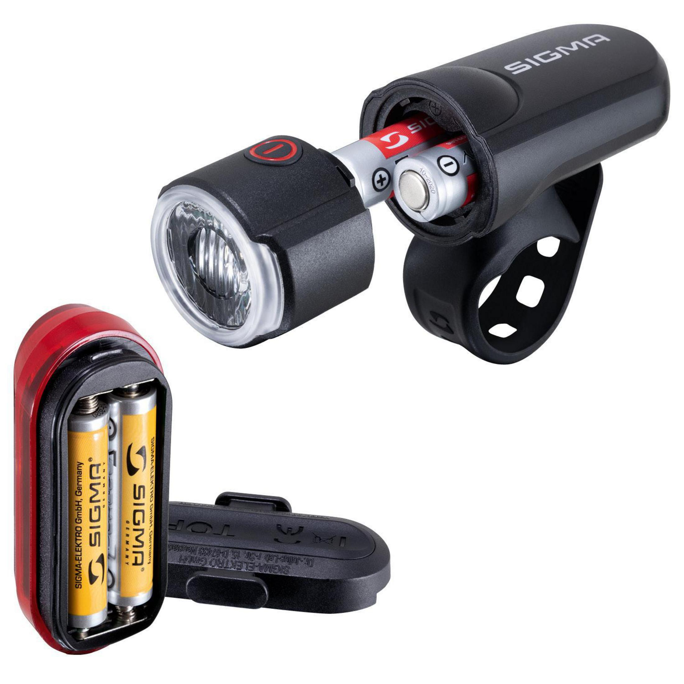 Światła rowerowe z bateriami, czerwone światło otwarte, czarne światło otwarte.