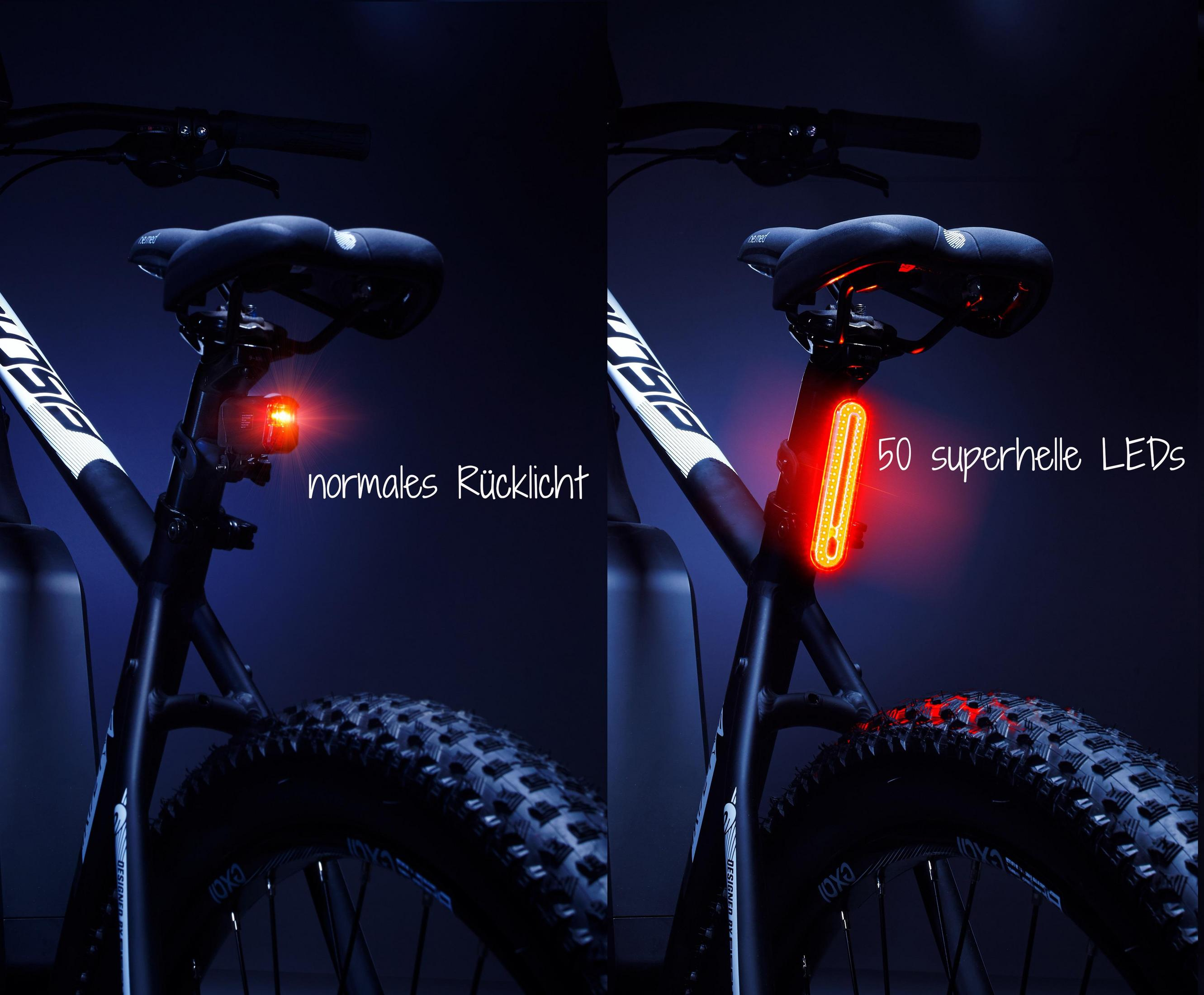 Fahrradheck mit zwei Lichtern. Eines ist ein rotes Standardlicht; das andere ein heller LED-Streifen.