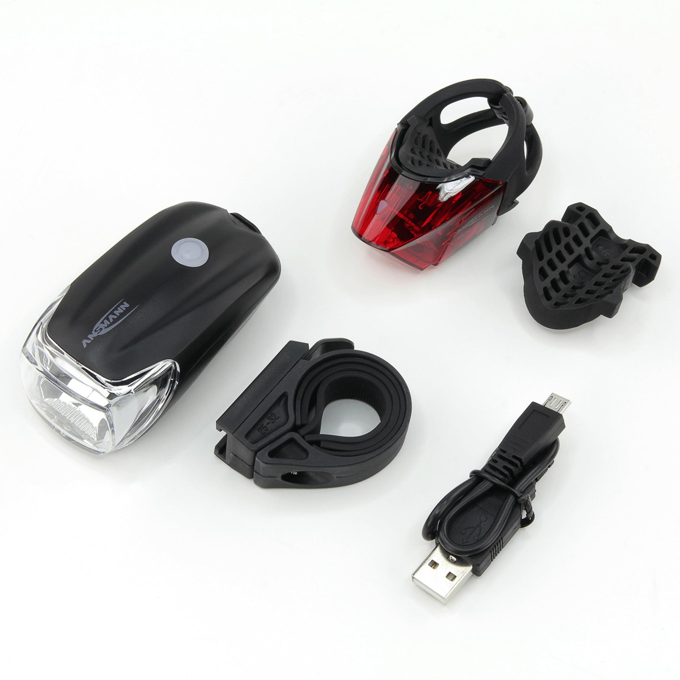 Oświetlenie rowerowe i akcesoria, w tym przednie światło, tylne światło i uchwyty.