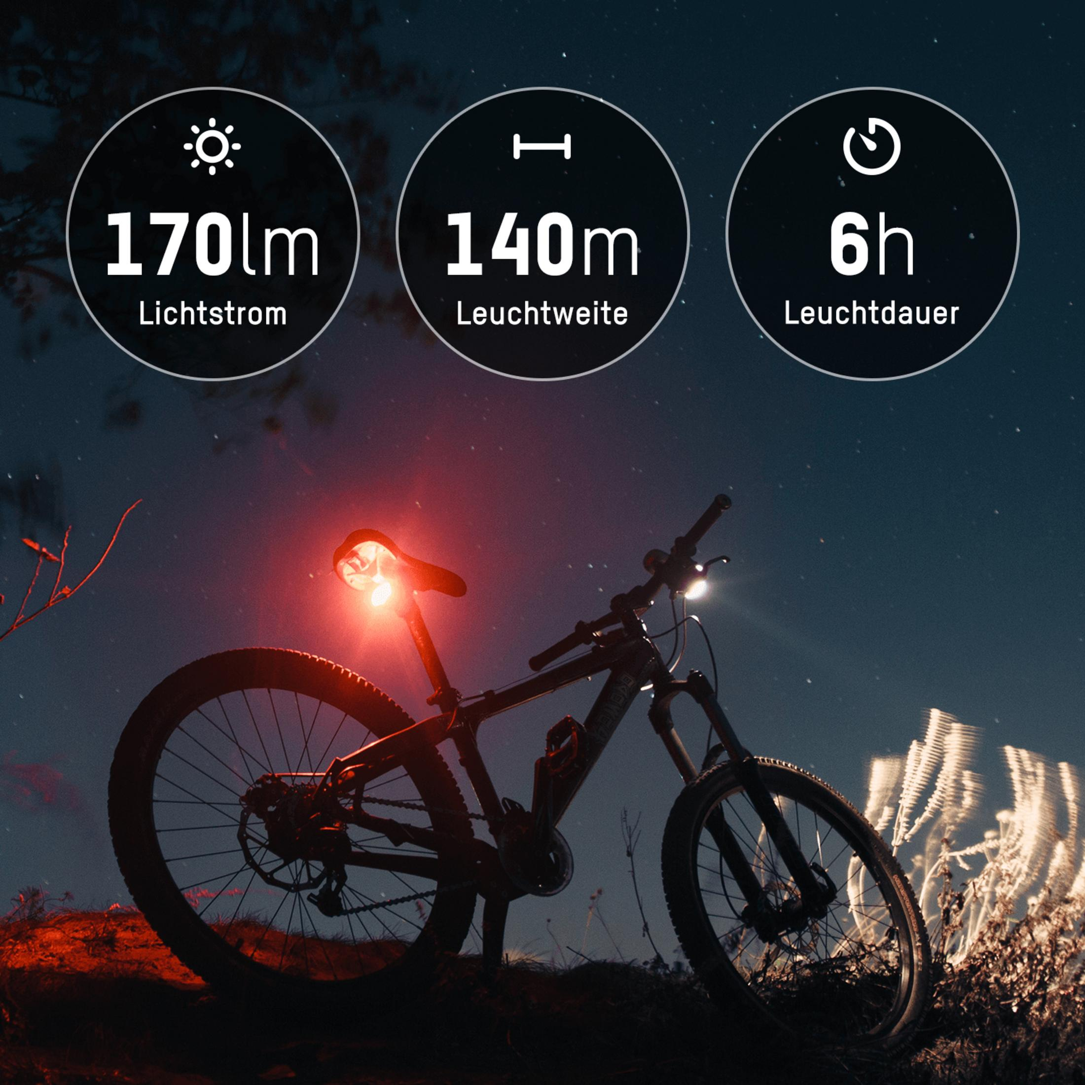 Rower w nocy ze światłami. Tekst wskazuje wydajność światła, zasięg i czas trwania.