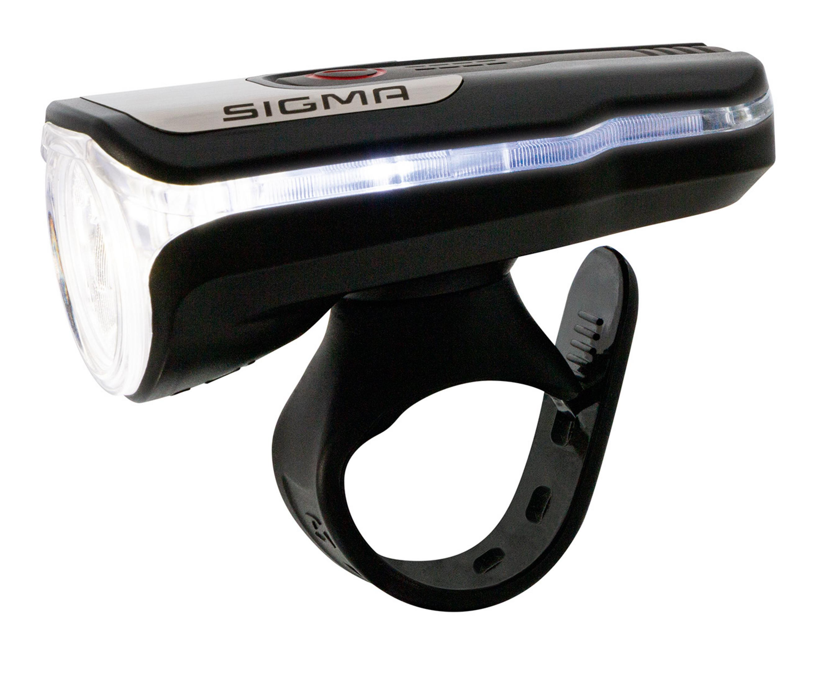 Czarne światło rowerowe, z białym światłem i srebrną górą. Widoczne logo Sigma.