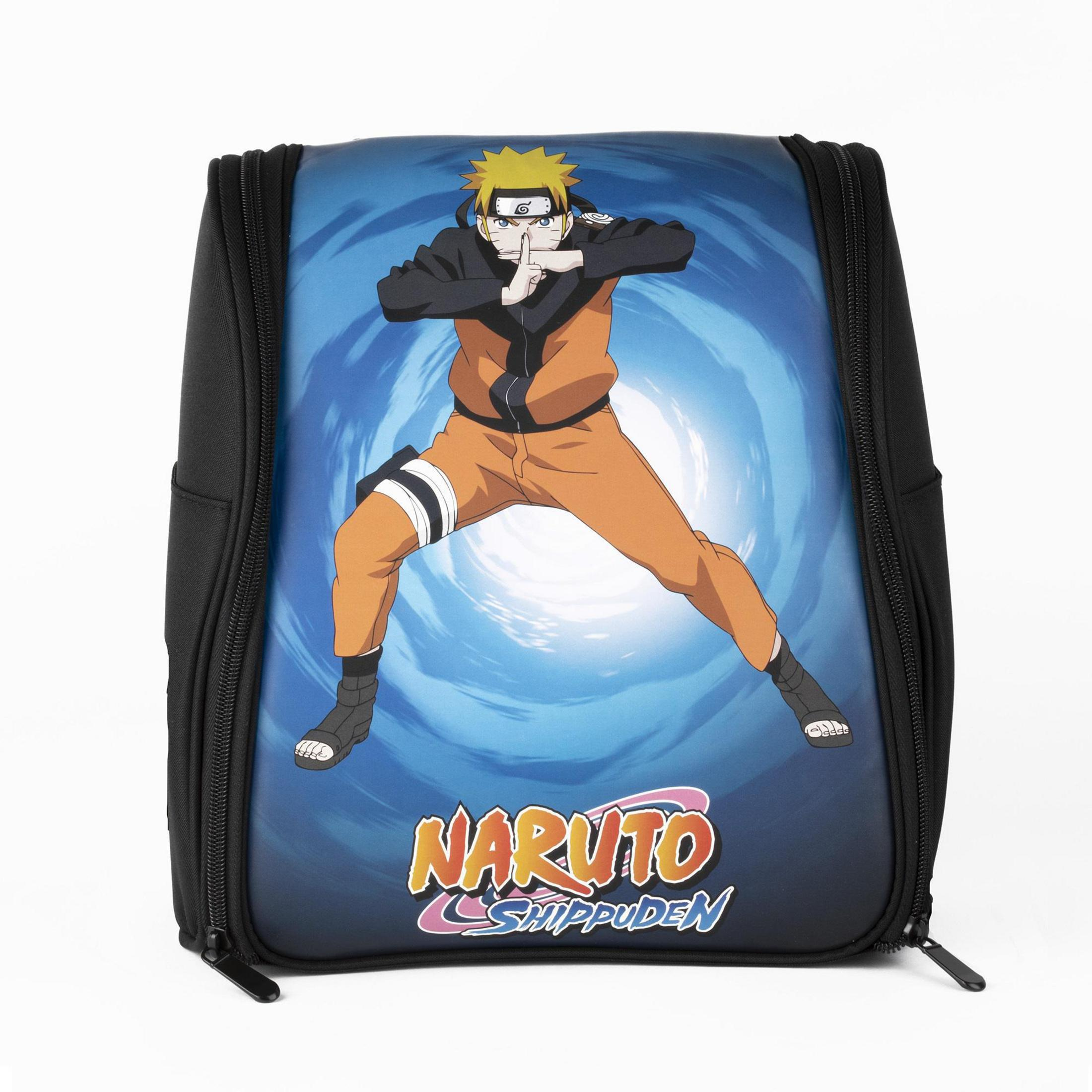 Eine Naruto Shippuden Tasche mit einer Charakterillustration auf blauem Hintergrund.