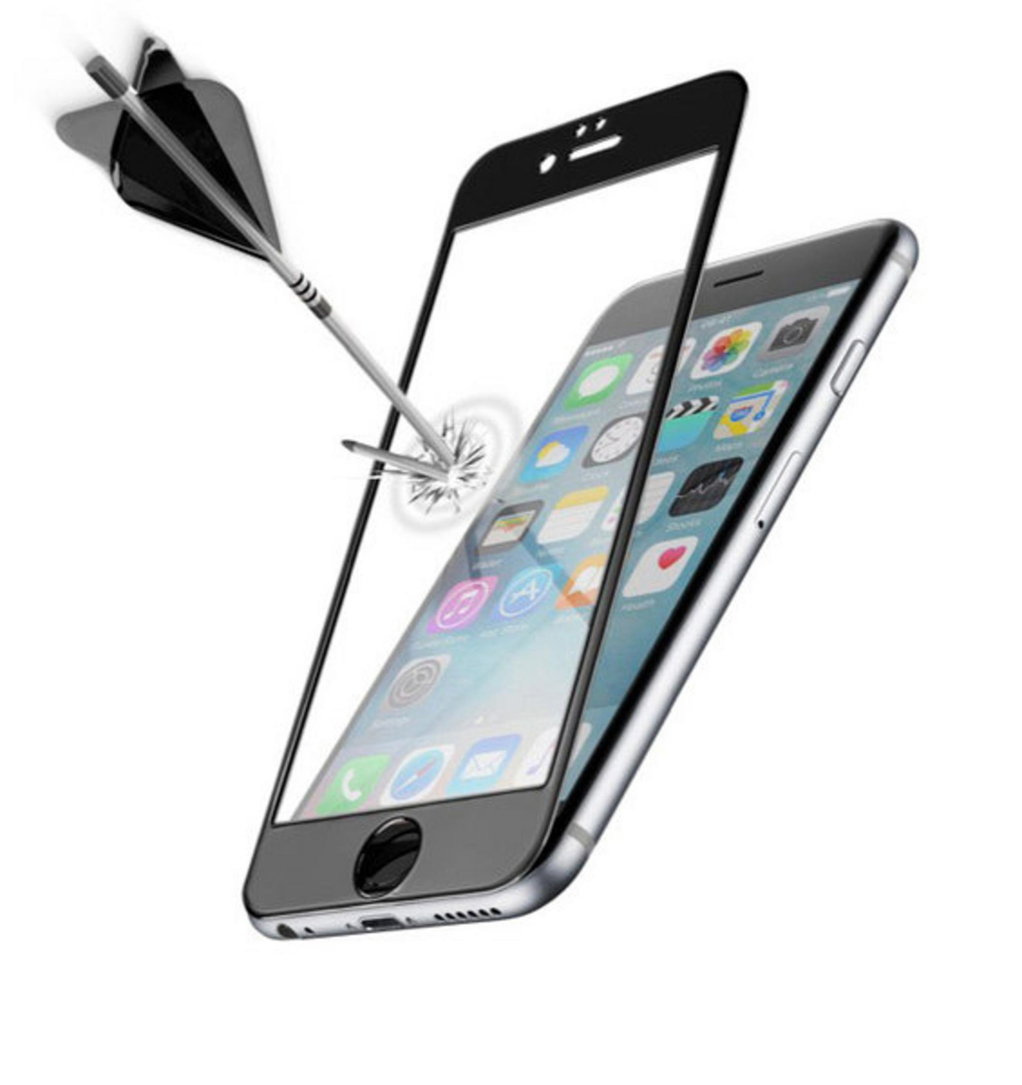 Smartphone con protezione schermo perforata da una freccia. Telefono su sfondo bianco.