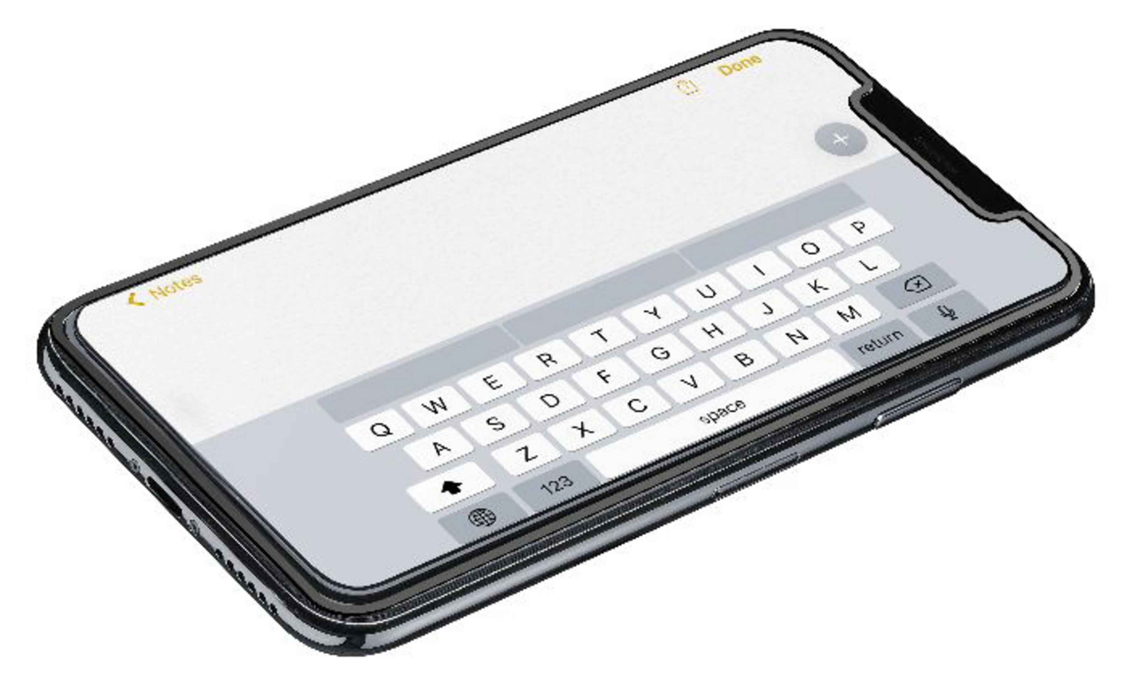 Smartphone con tastiera su schermo, leggermente angolato, su sfondo bianco.