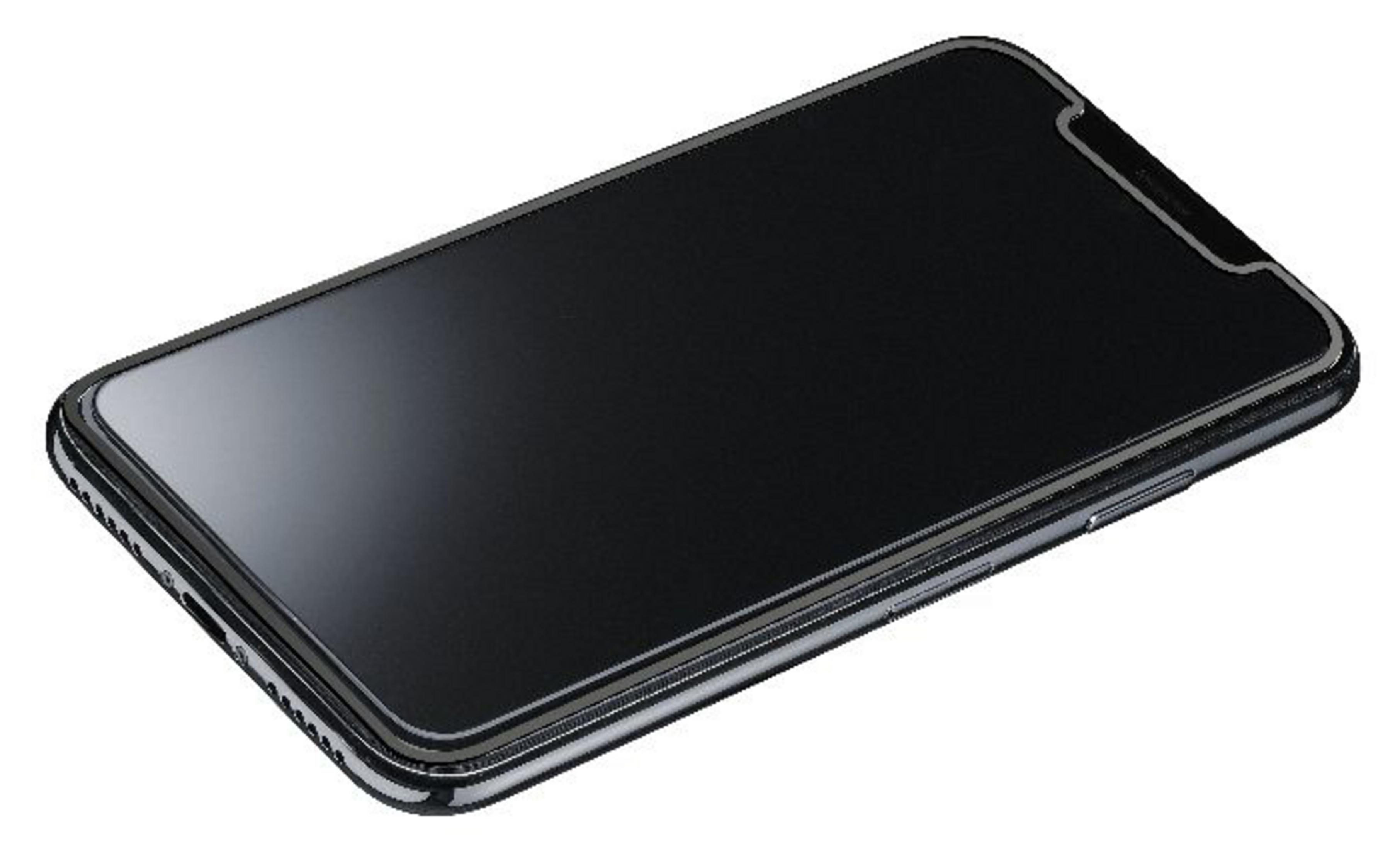 Uno smartphone nero dal design elegante. Lo schermo è acceso e si trova su una superficie bianca.