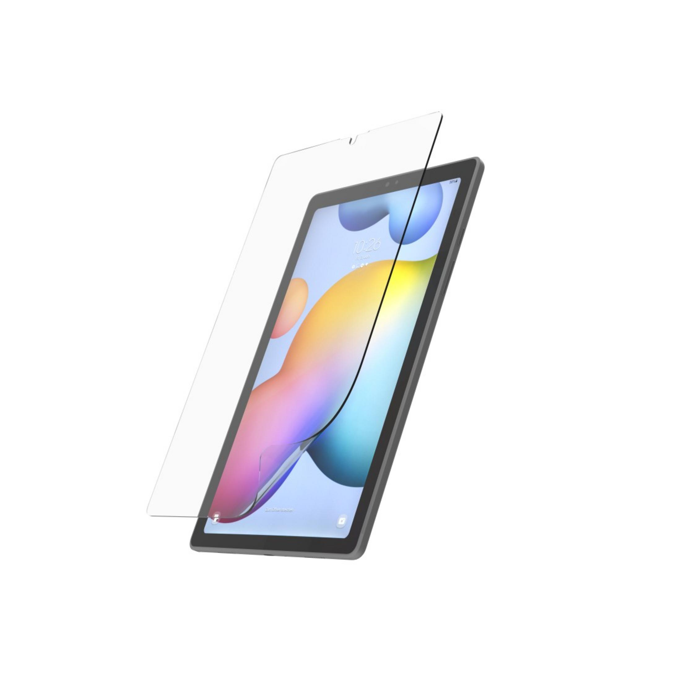 Tablet mit Displayschutzfolie. Der Bildschirm zeigt eine Oberfläche.