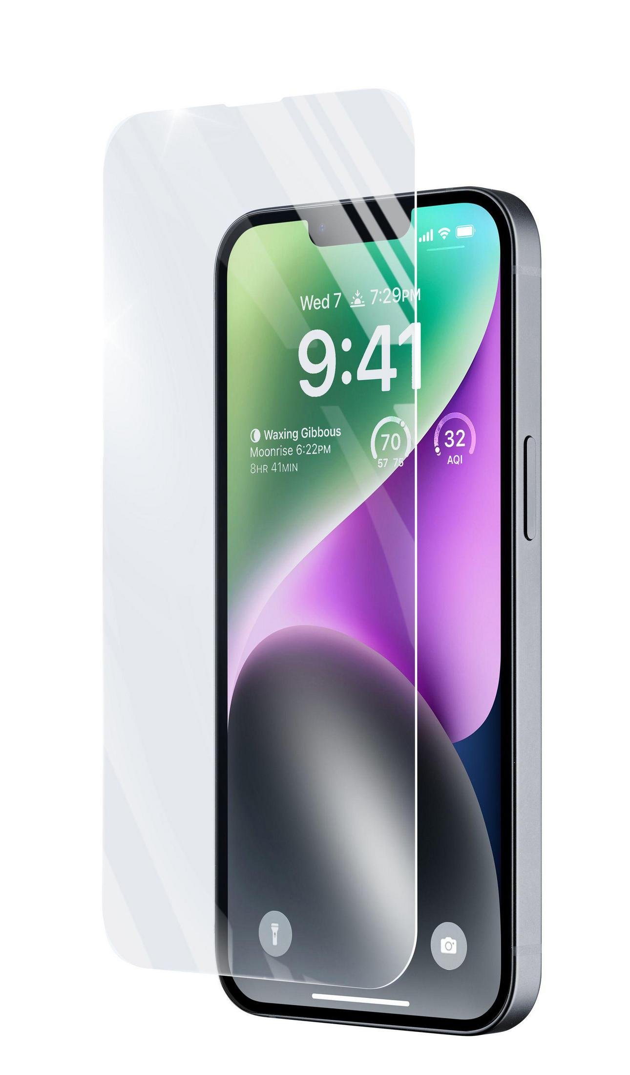 Un iPhone con una protezione per lo schermo applicata, mostra l'ora.