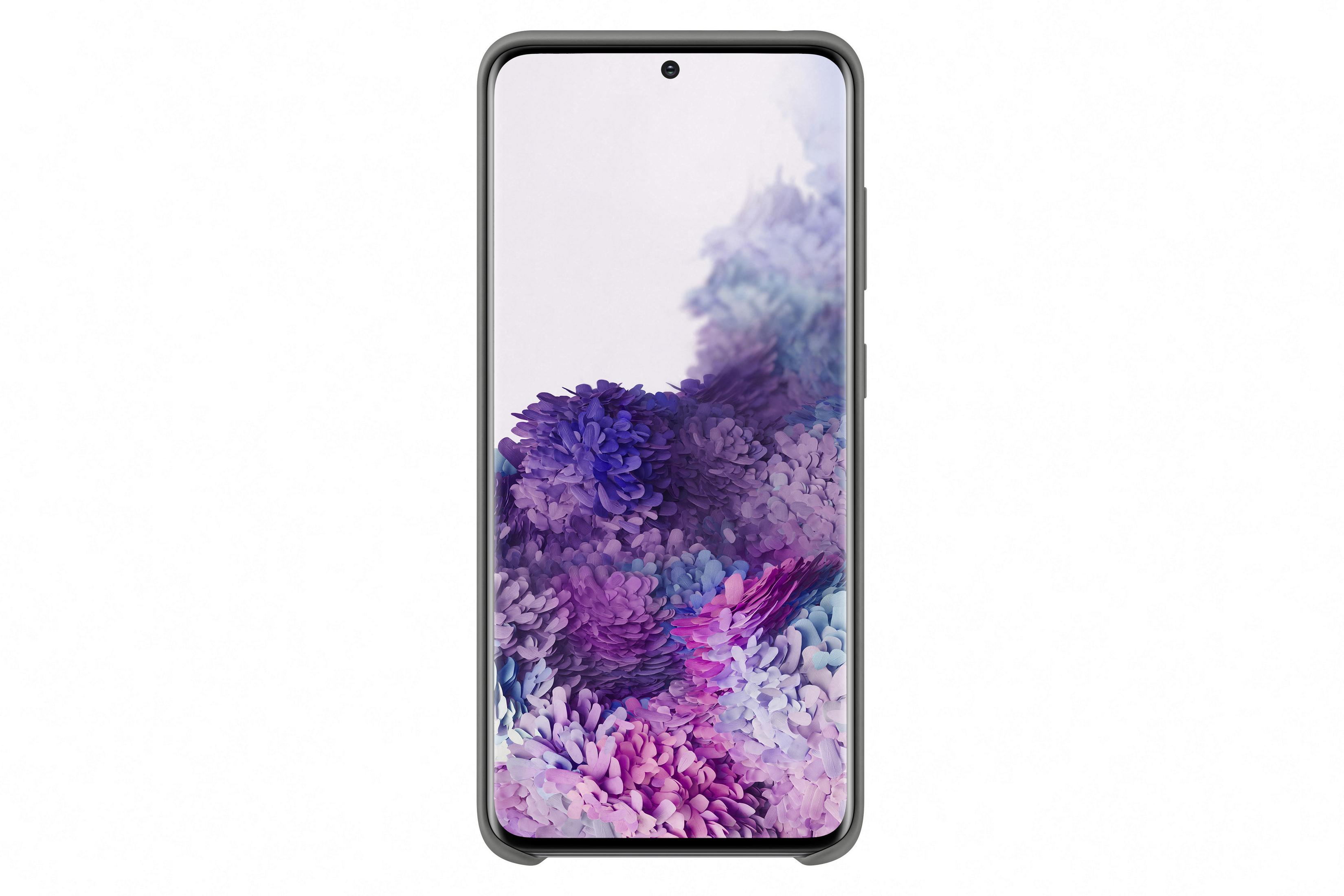 Smartphone con sfondo floreale sullo schermo, in custodia grigio scuro. Sfondo bianco.