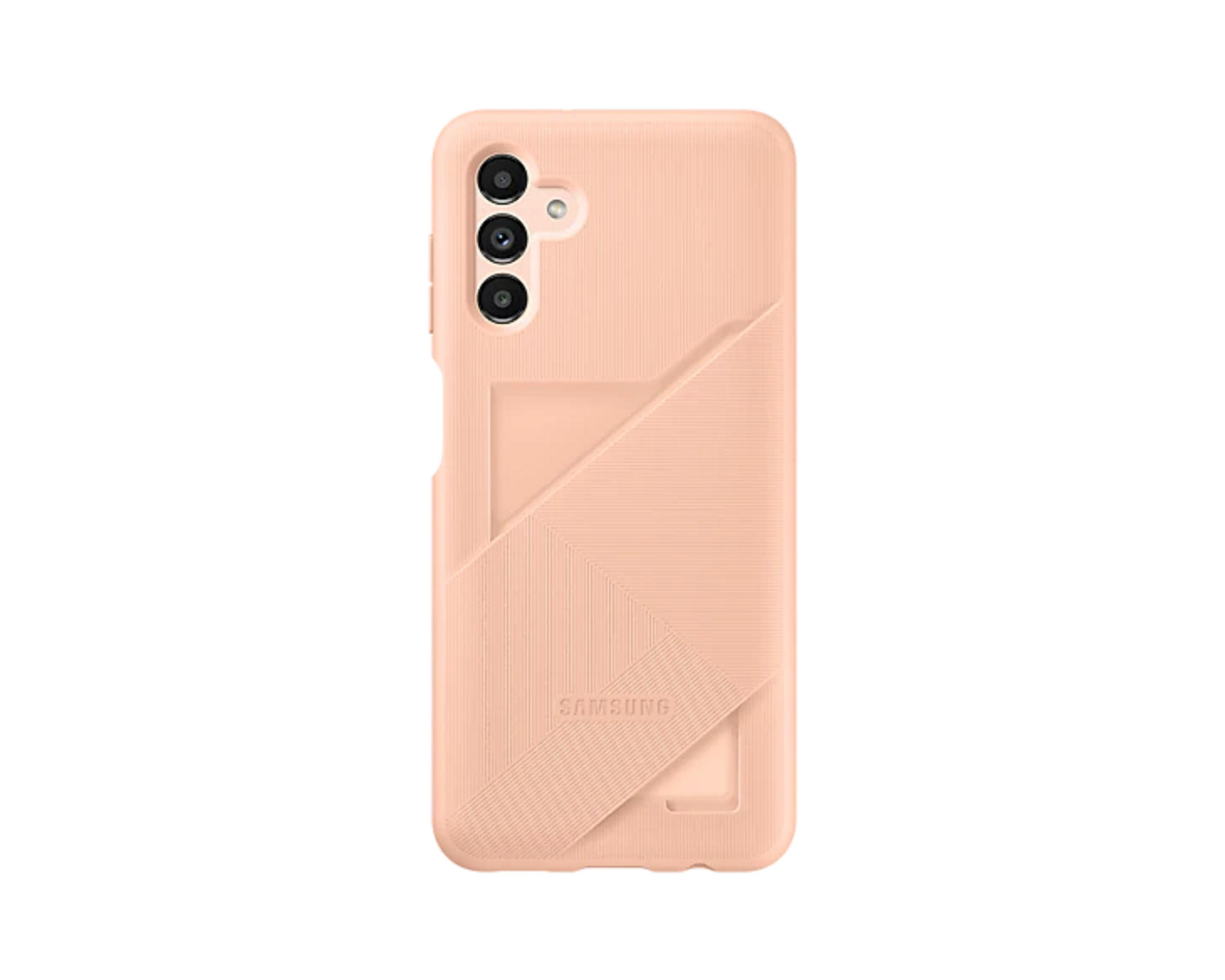 Pfirsichfarbene Samsung-Handyhülle mit Kartenhalter auf der Rückseite, auf weißem Hintergrund.