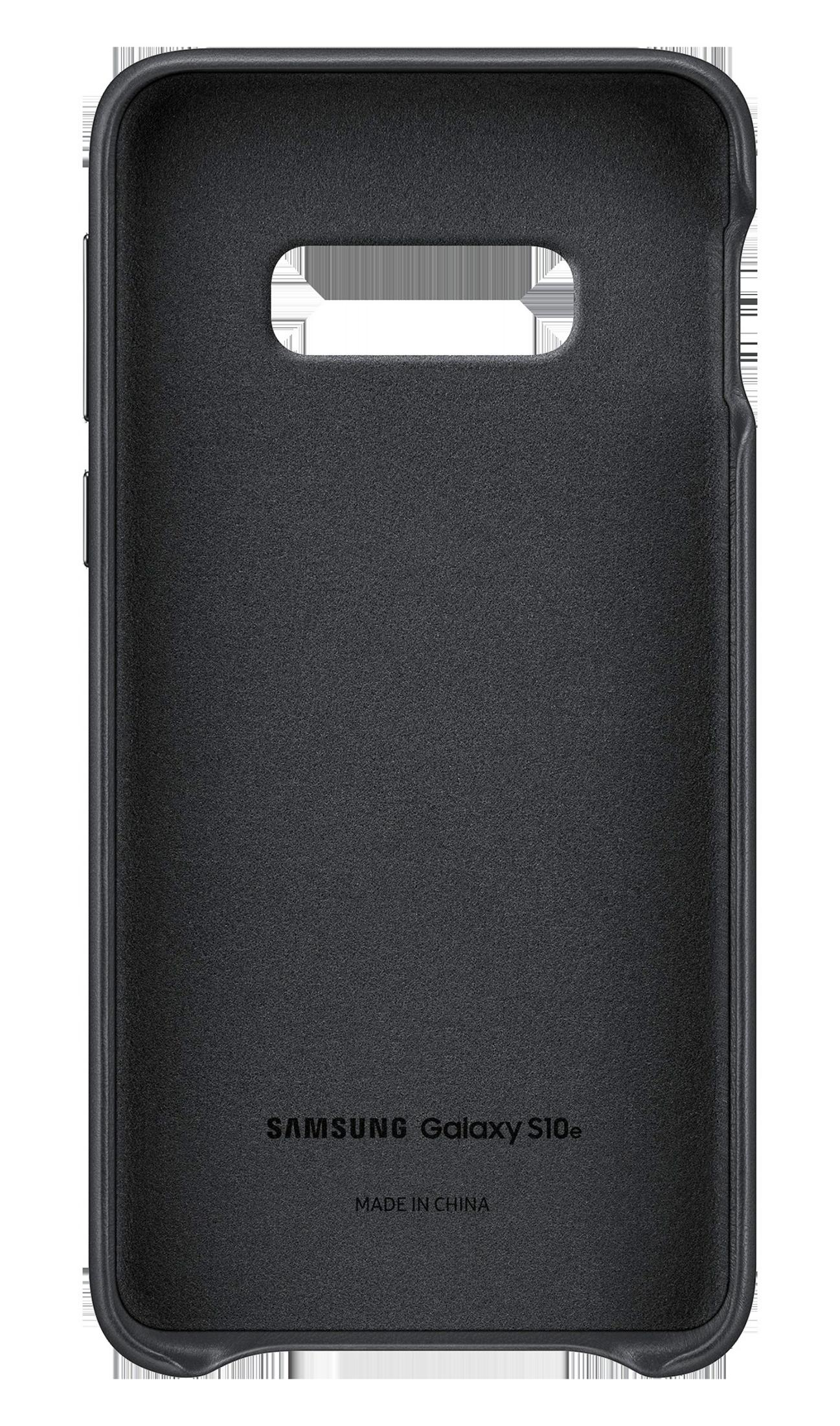 Interior de funda de teléfono negra con el logo de Samsung Galaxy S10e y la frase "Made in China".
