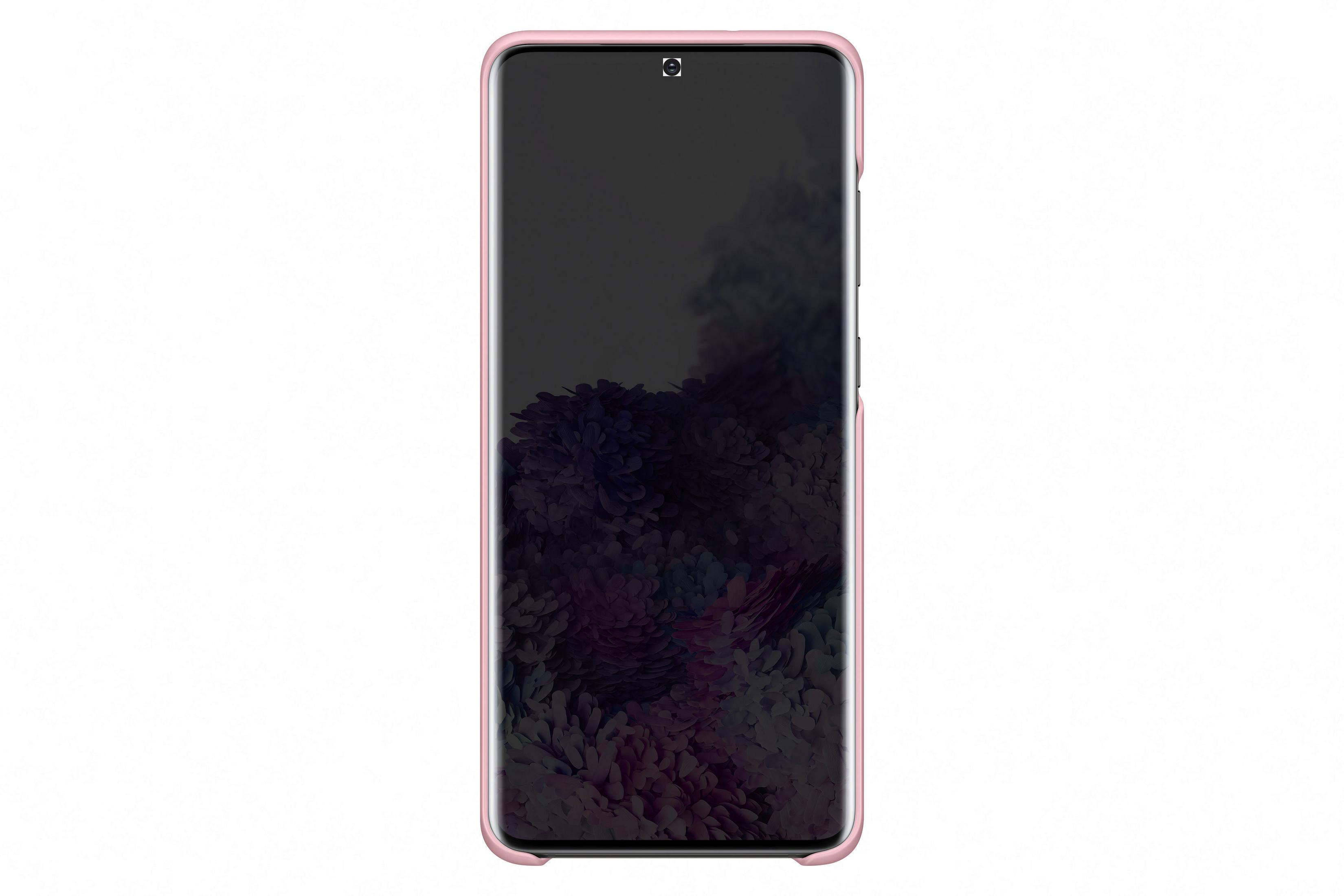 Una custodia per telefono rosa, con il telefono all'interno. Lo schermo è acceso, mostrando un'immagine scura e sfocata.
