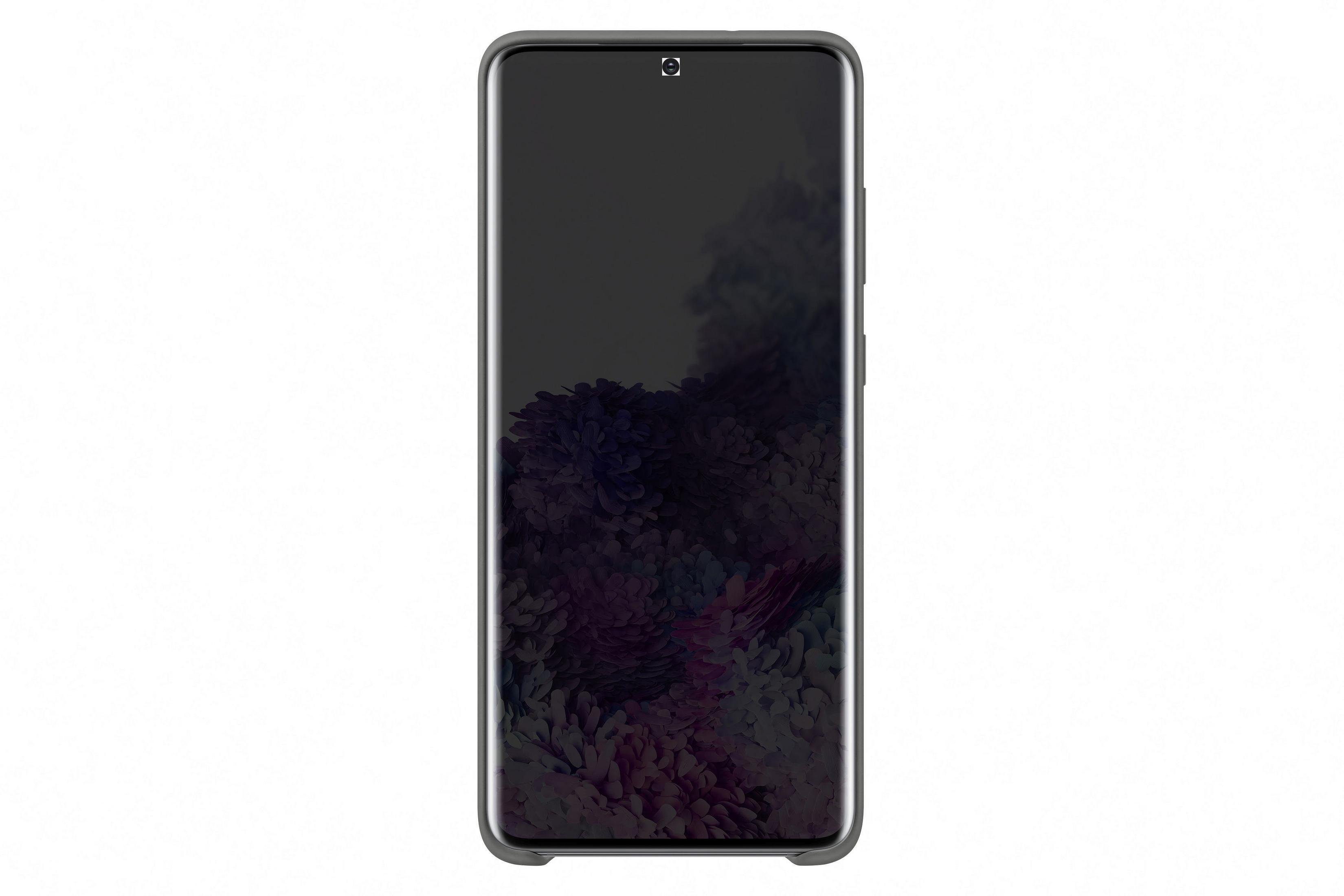Un smartphone noir avec un écran sombre, dans un étui gris.