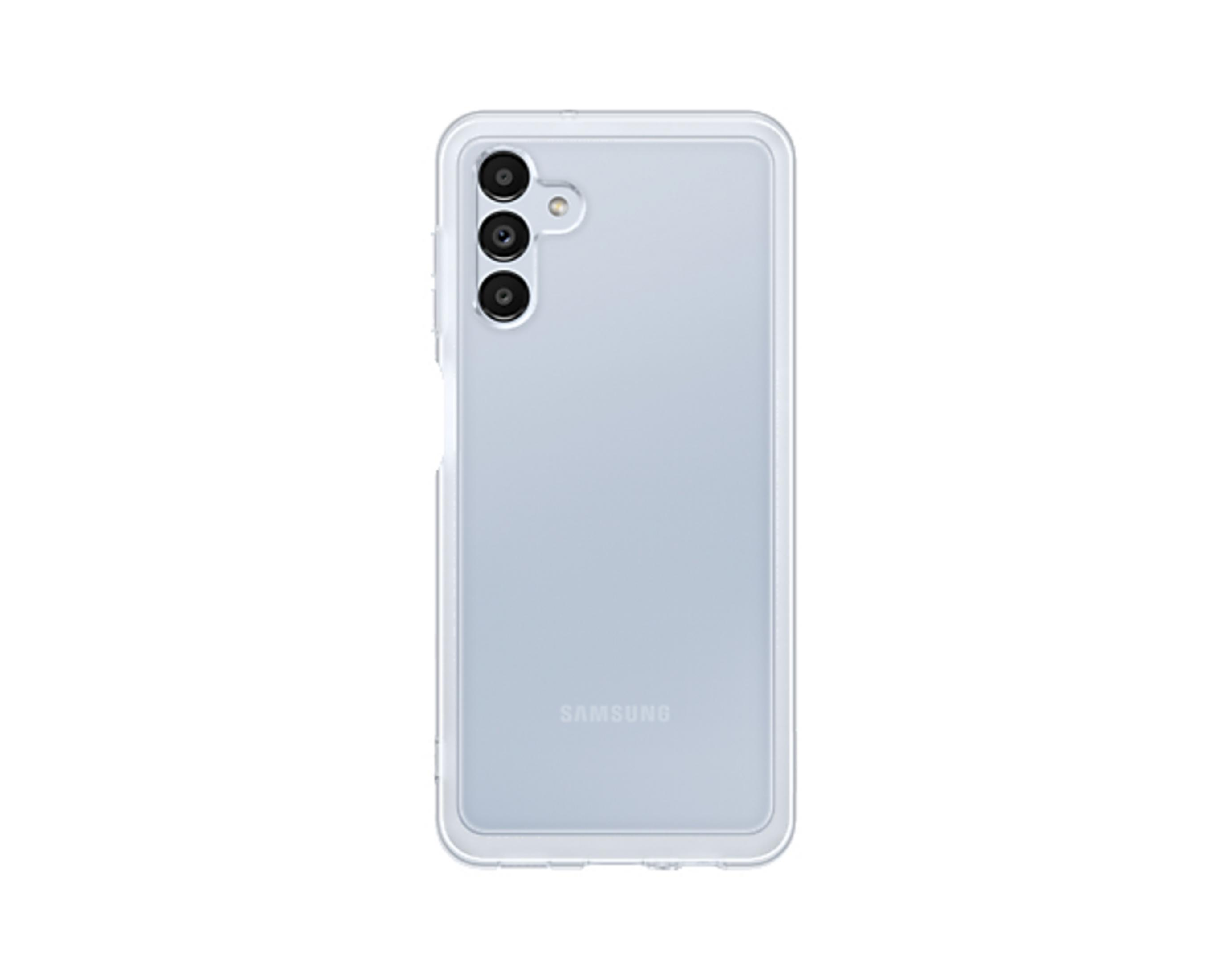 Una funda transparente para teléfono con un teléfono dentro. El teléfono tiene tres cámaras y el logo de Samsung.