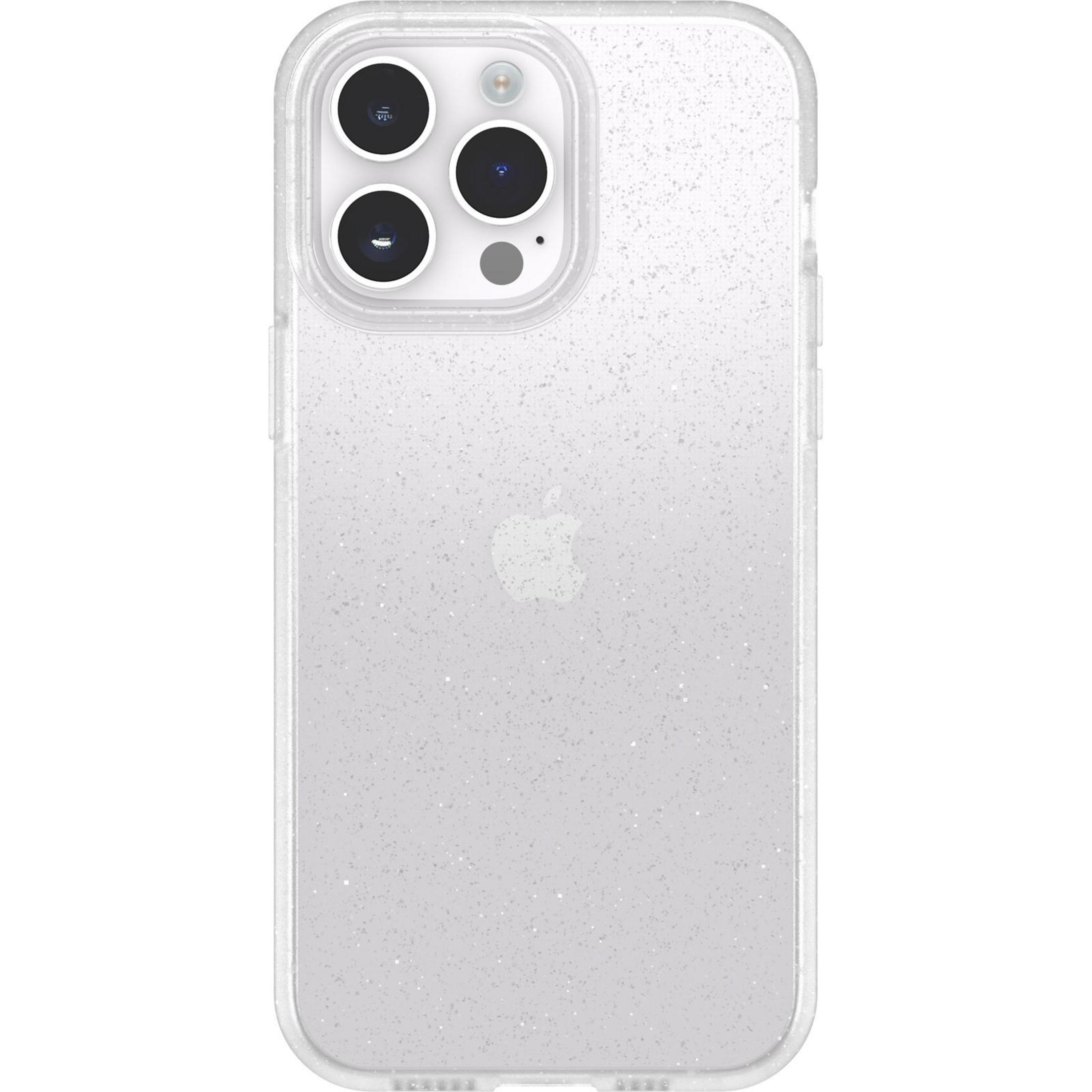 Transparente Handyhülle mit Glitzer, zeigt das Apple-Logo auf der Rückseite.