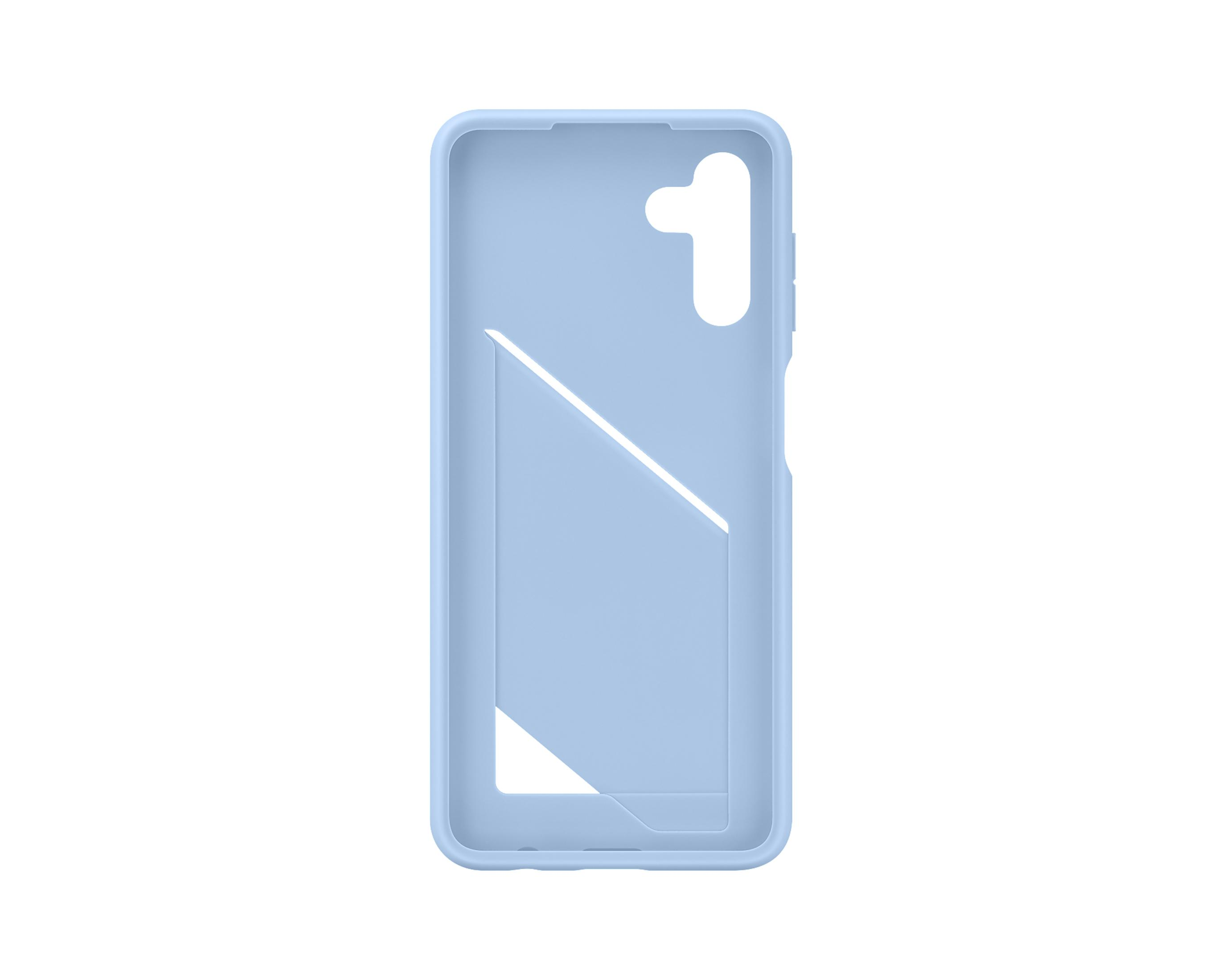 Funda de teléfono azul claro con hueco para cámara y ranura para tarjeta.