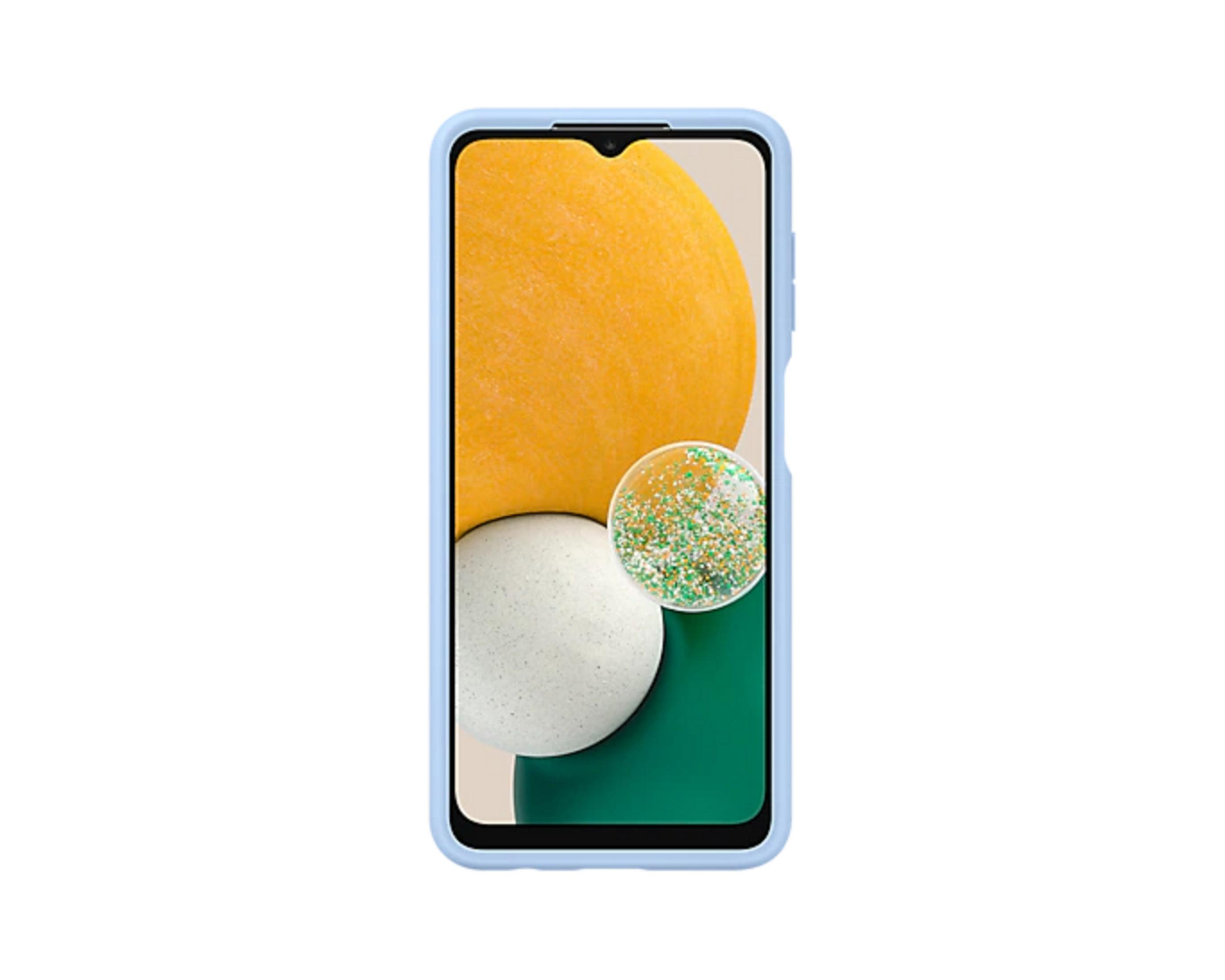 Funda de teléfono azul claro con teléfono que muestra un fondo colorido y una burbuja.