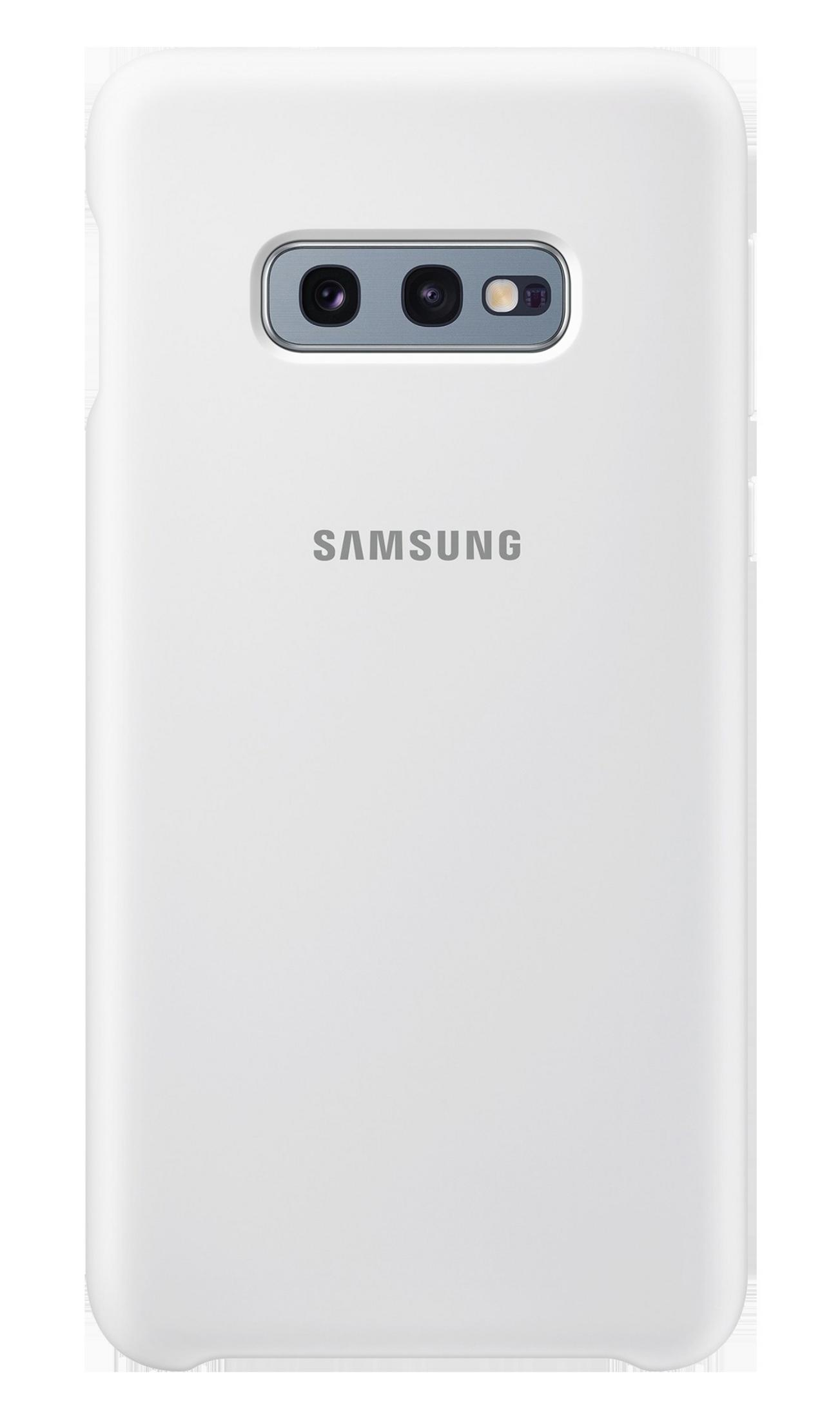 Custodia bianca per telefono con logo Samsung. Il retro ha un modulo fotocamera.