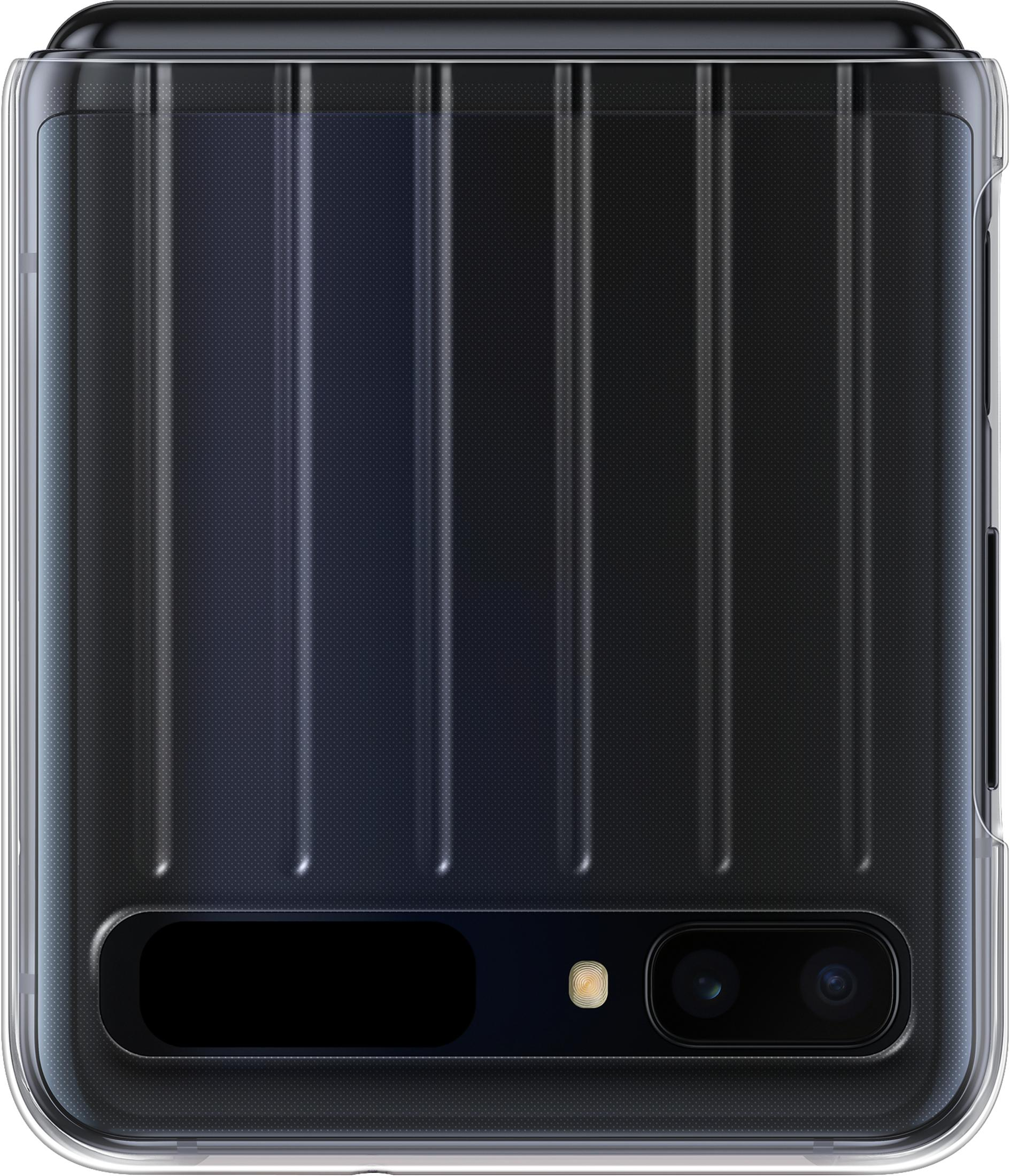Un telefono pieghevole nero in una custodia trasparente, con fotocamera e flash.