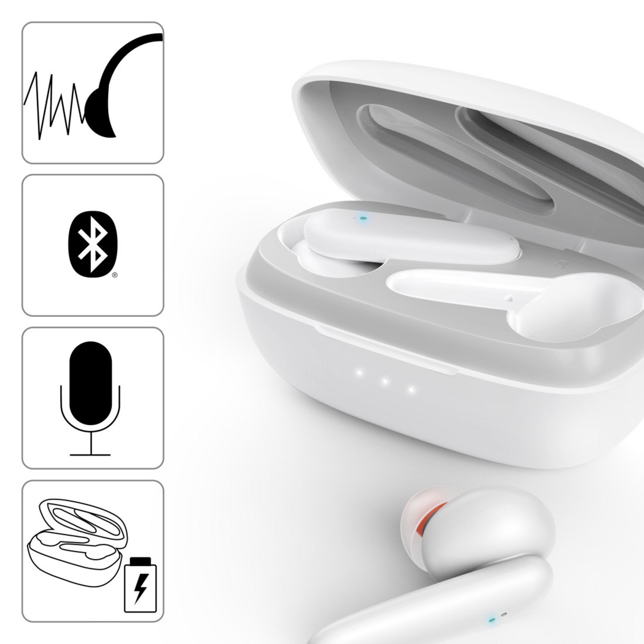 Weiße kabellose Ohrhörer in Ladecase. Symbole: Schallwellen, Bluetooth, Mikrofon, Laden. Ohrhörer aus dem Case.
