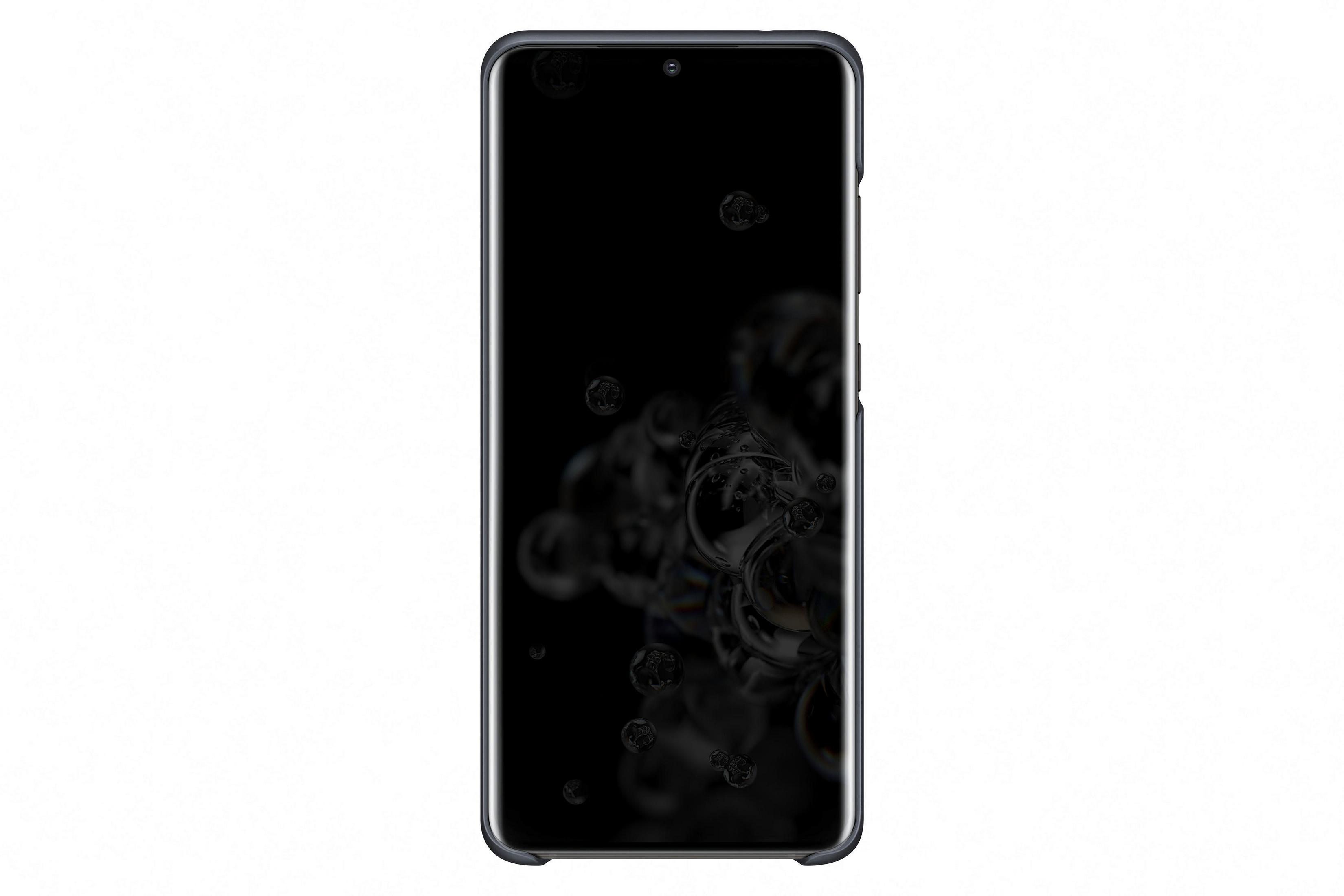 Ein schwarzes Telefon, das Blasen und eine Handyhülle zeigt. Der Bildschirm ist schwarz.