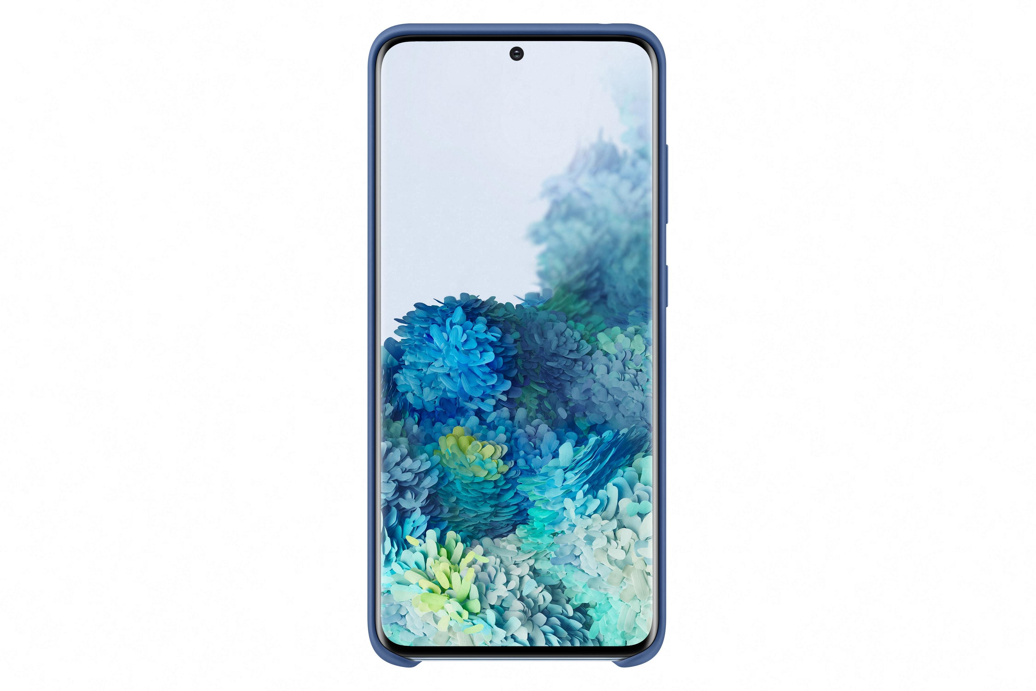 Uno smartphone con uno schermo che mostra un design floreale, in una custodia blu.