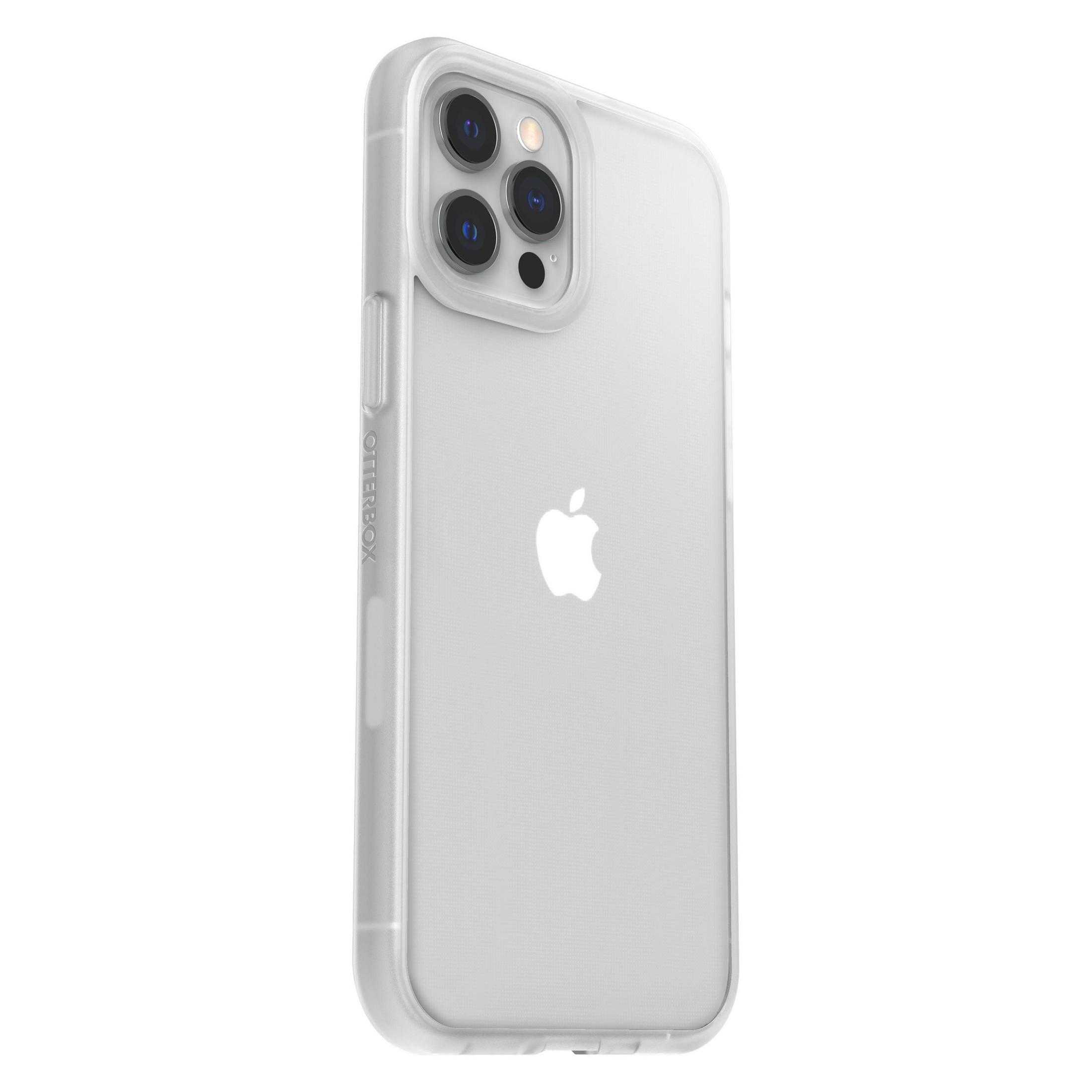 Custodia trasparente Otterbox su sfondo bianco. Logo Apple visibile. La custodia protegge la fotocamera.