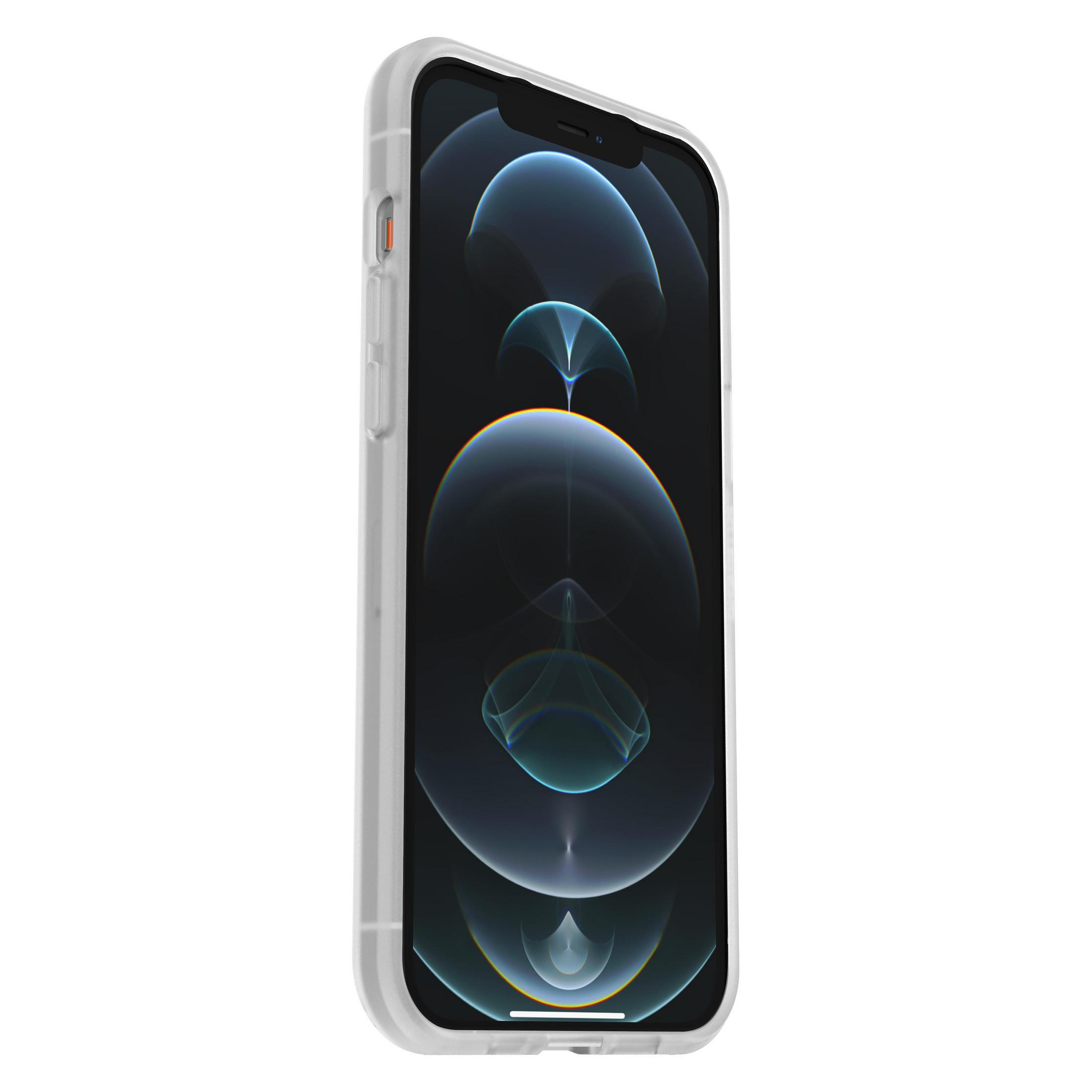 Smartphone in una custodia trasparente, con una vista laterale del telefono.