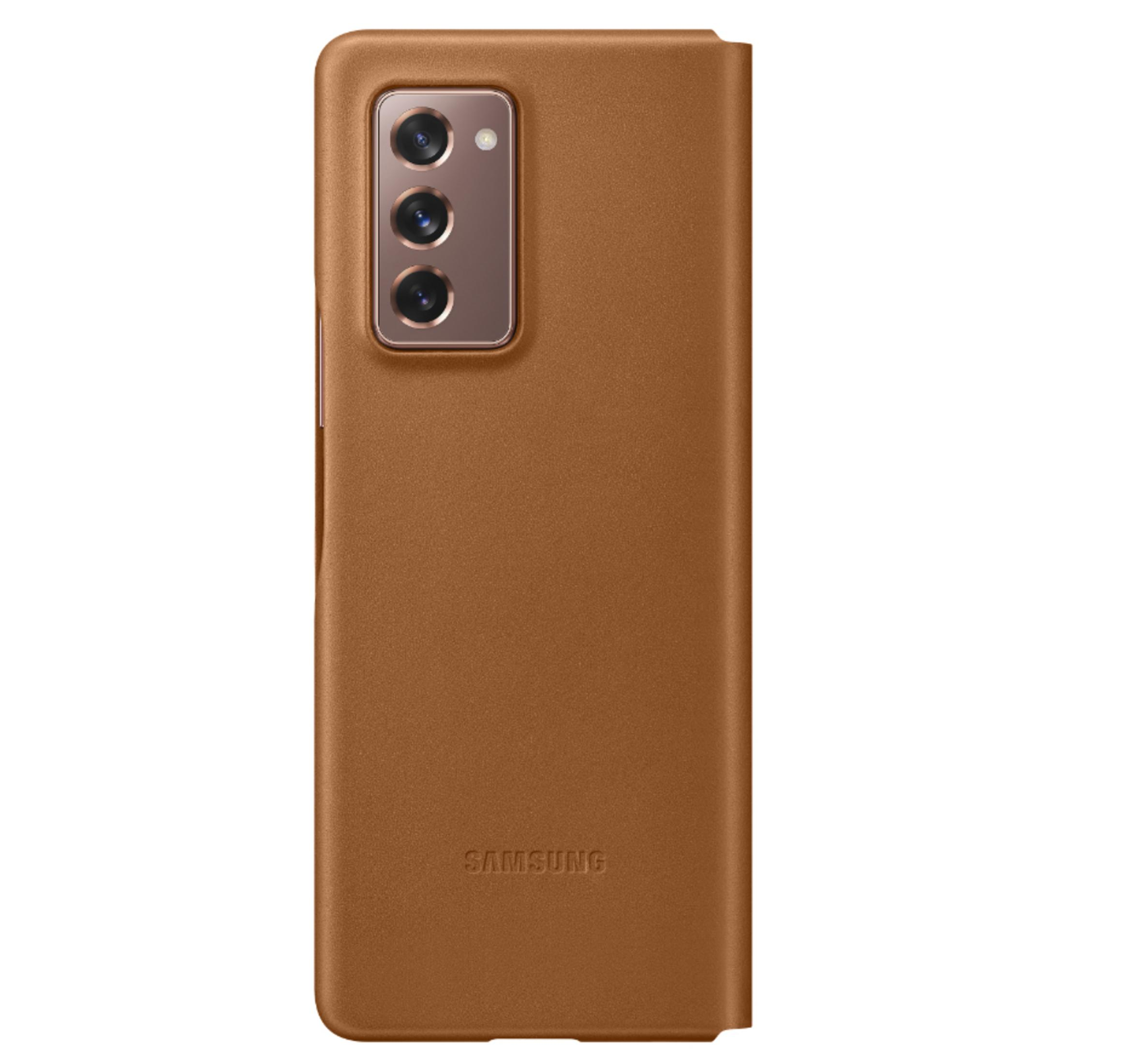 Una funda de teléfono de cuero marrón con un módulo de cámara sobre fondo blanco.