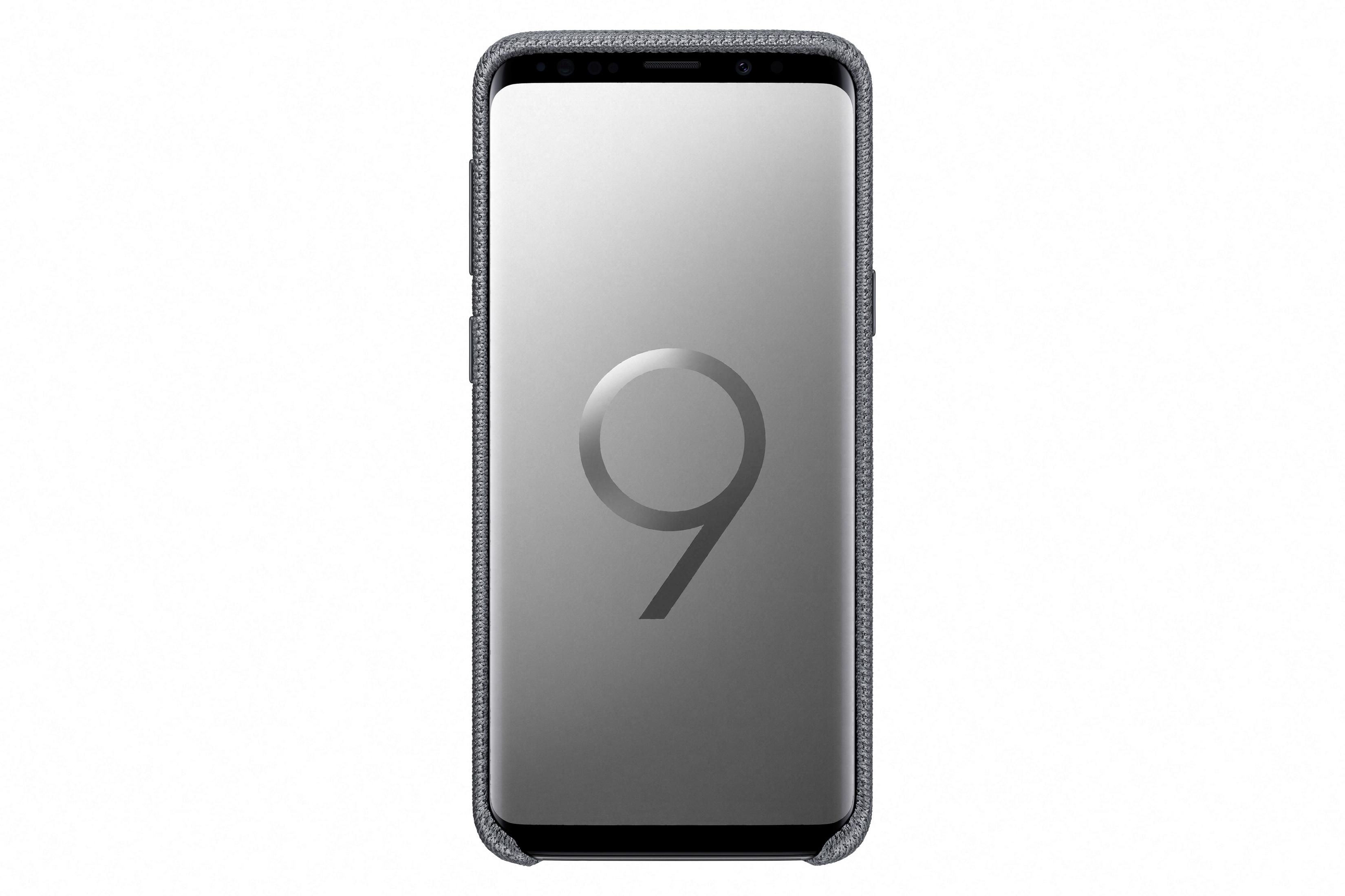 Un telefono Samsung Galaxy S9 in una custodia grigia. Lo schermo mostra un grande numero 9.