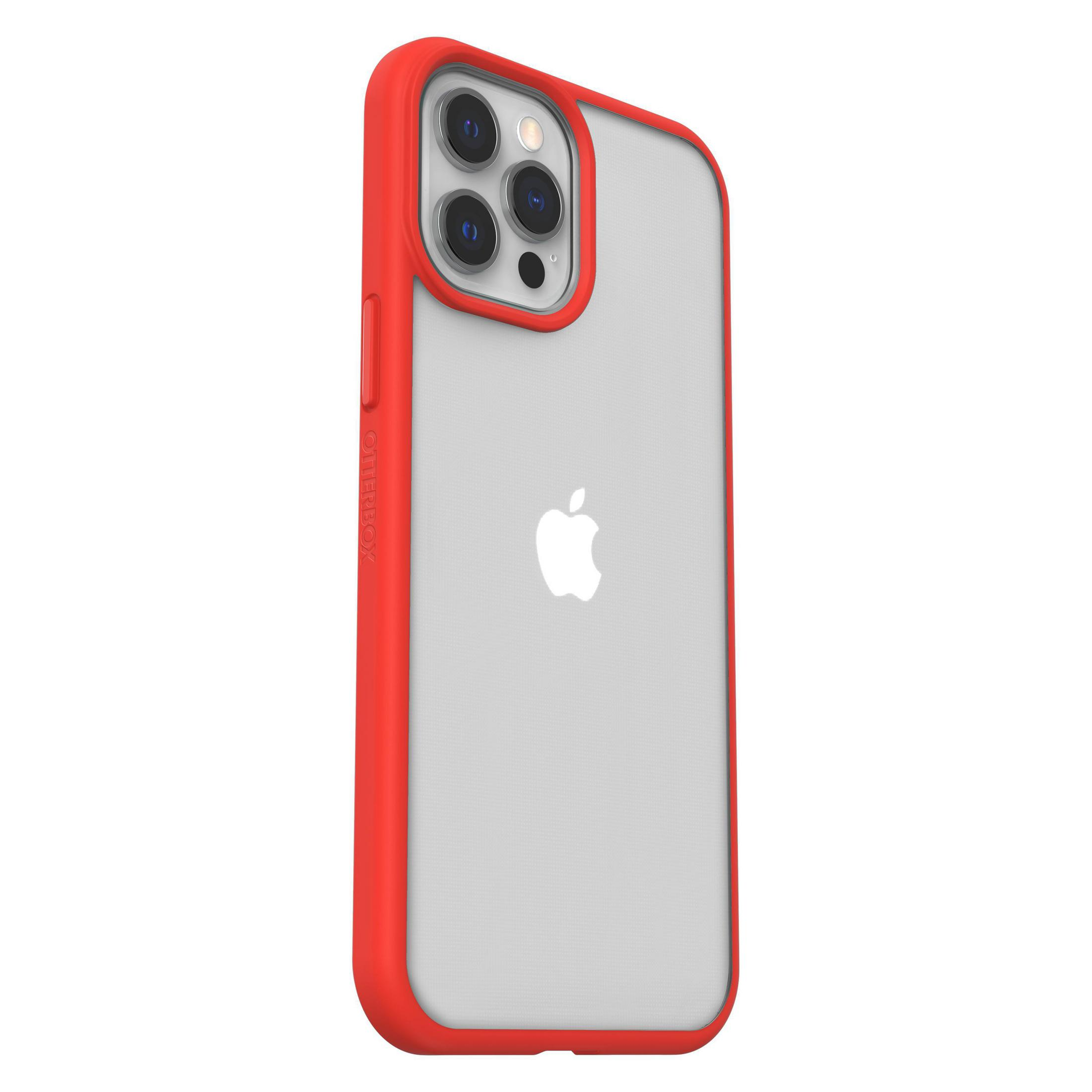 Rote Handyhülle mit durchsichtigem Rücken. Apple-Logo sichtbar. Weißer Hintergrund.