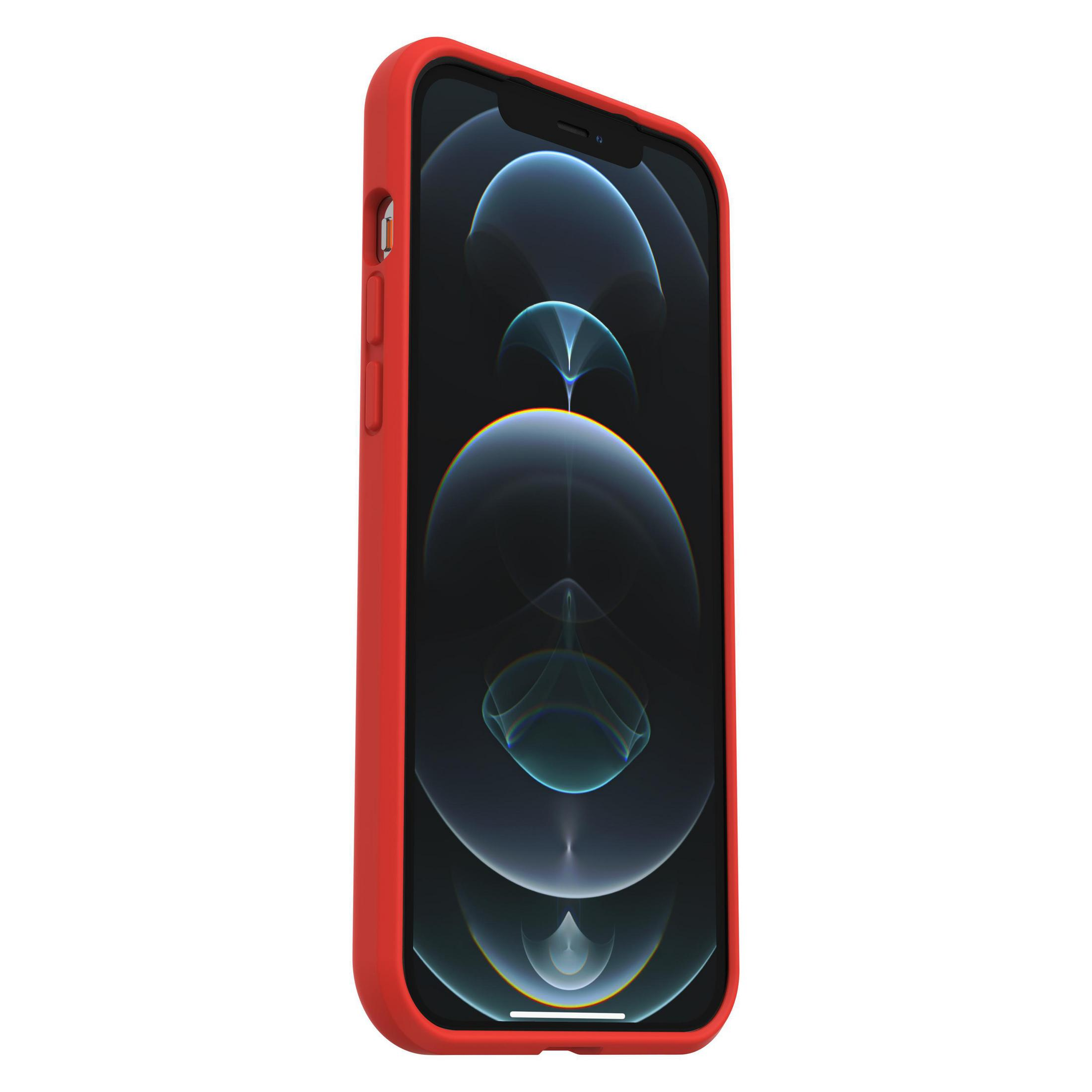 Rote Handyhülle auf iPhone, Bildschirm sichtbar, vor weißem Hintergrund.