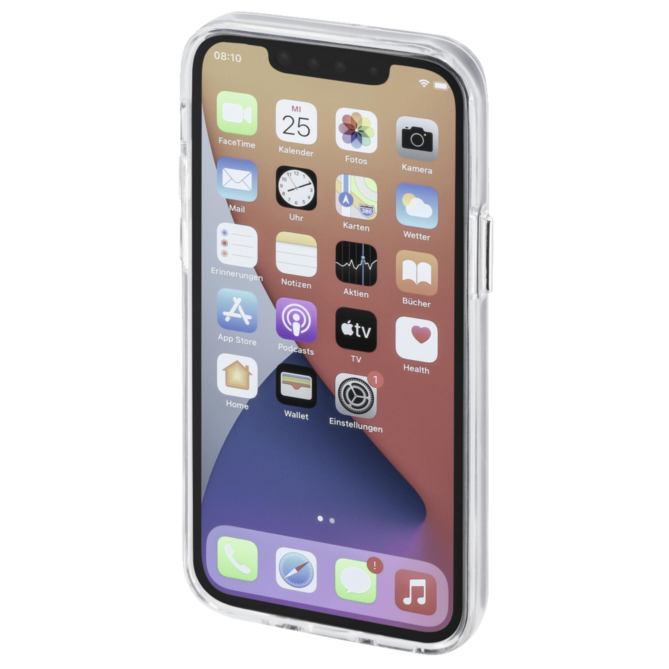 iPhone w przezroczystym etui, pokazujący ekran główny z ikonami aplikacji.