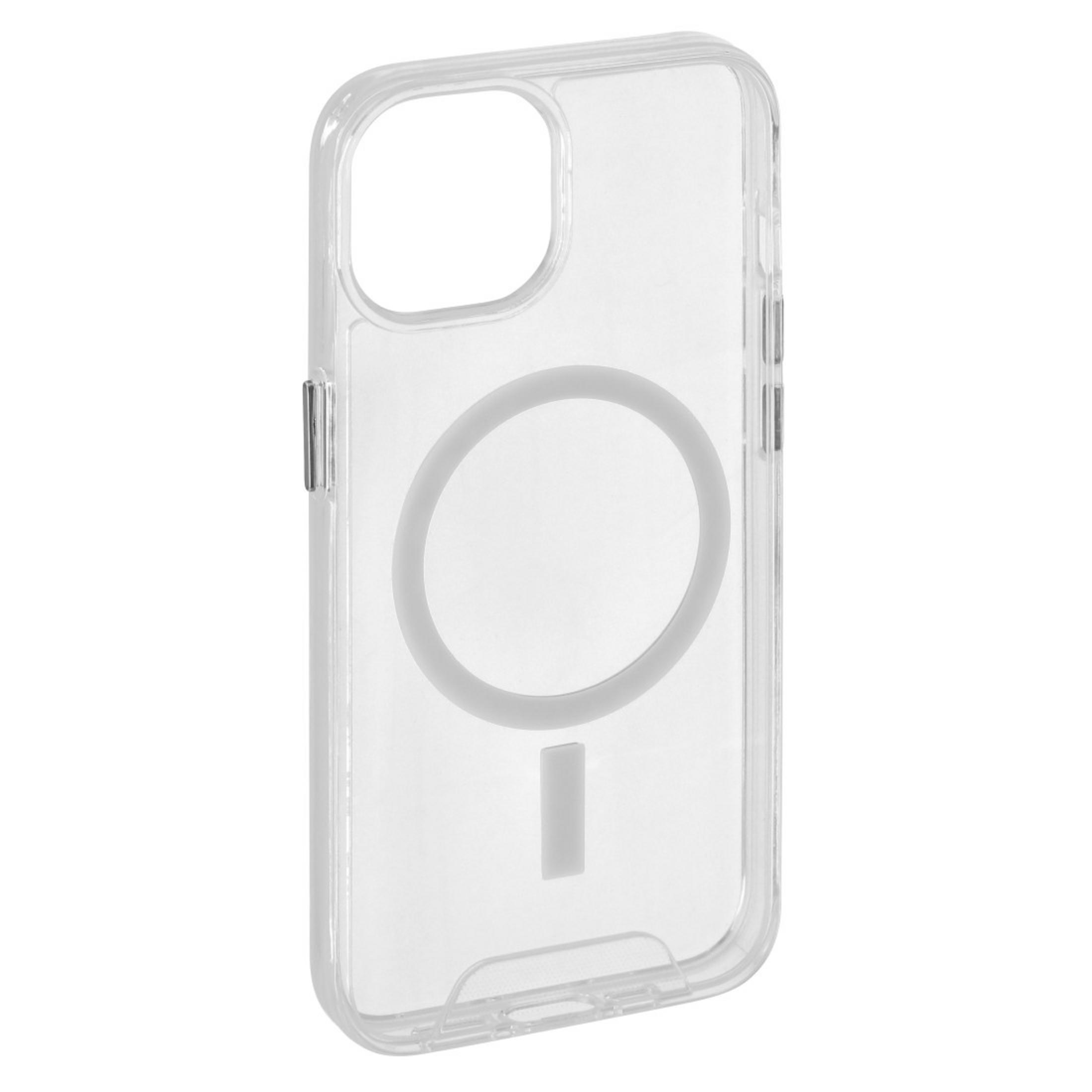 Eine transparente Handyhülle mit einem Magnetkreis und Aussparung für die Kamera auf weißem Hintergrund.