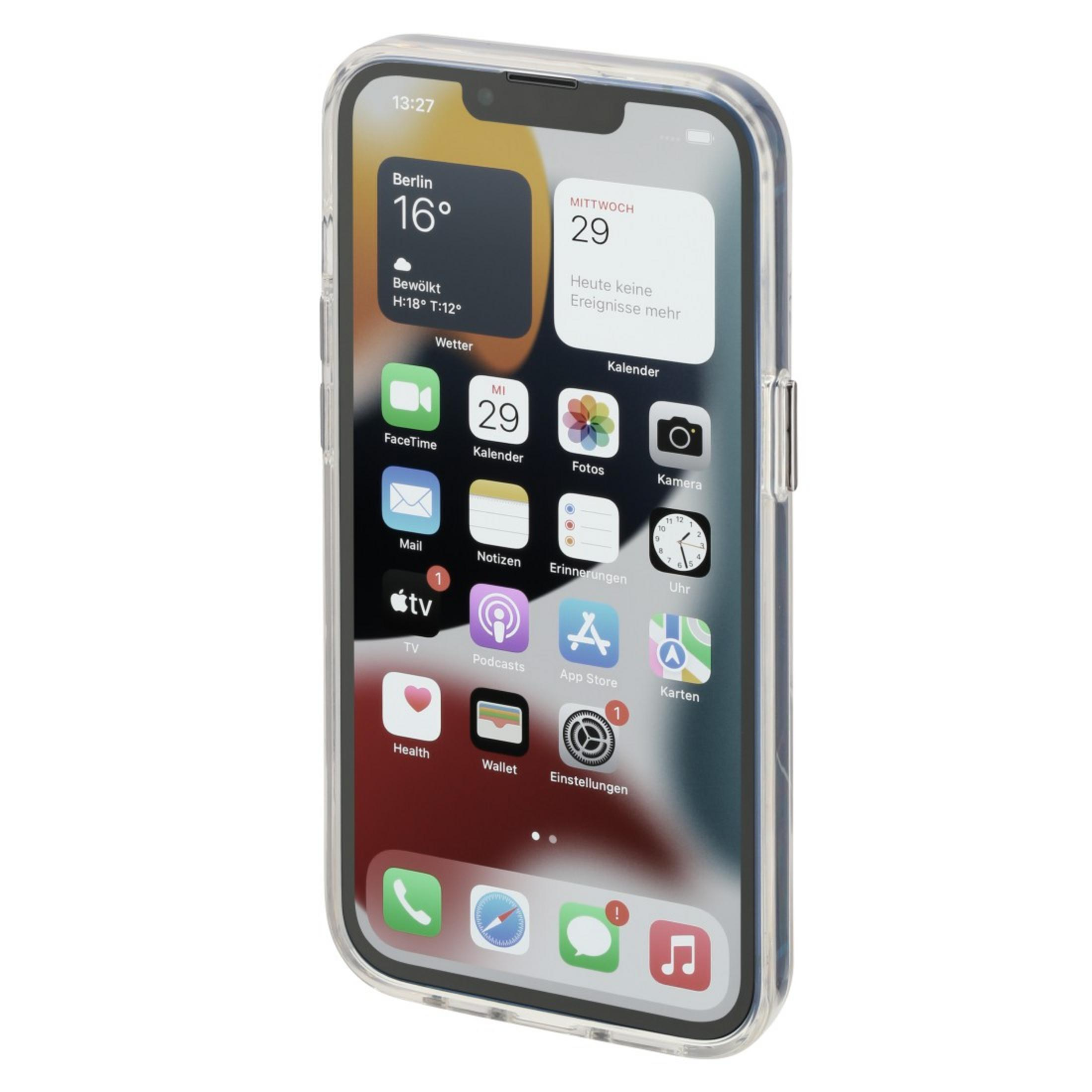 Ein iPhone in einer durchsichtigen Hülle, das den Startbildschirm mit Apps und Widgets anzeigt.