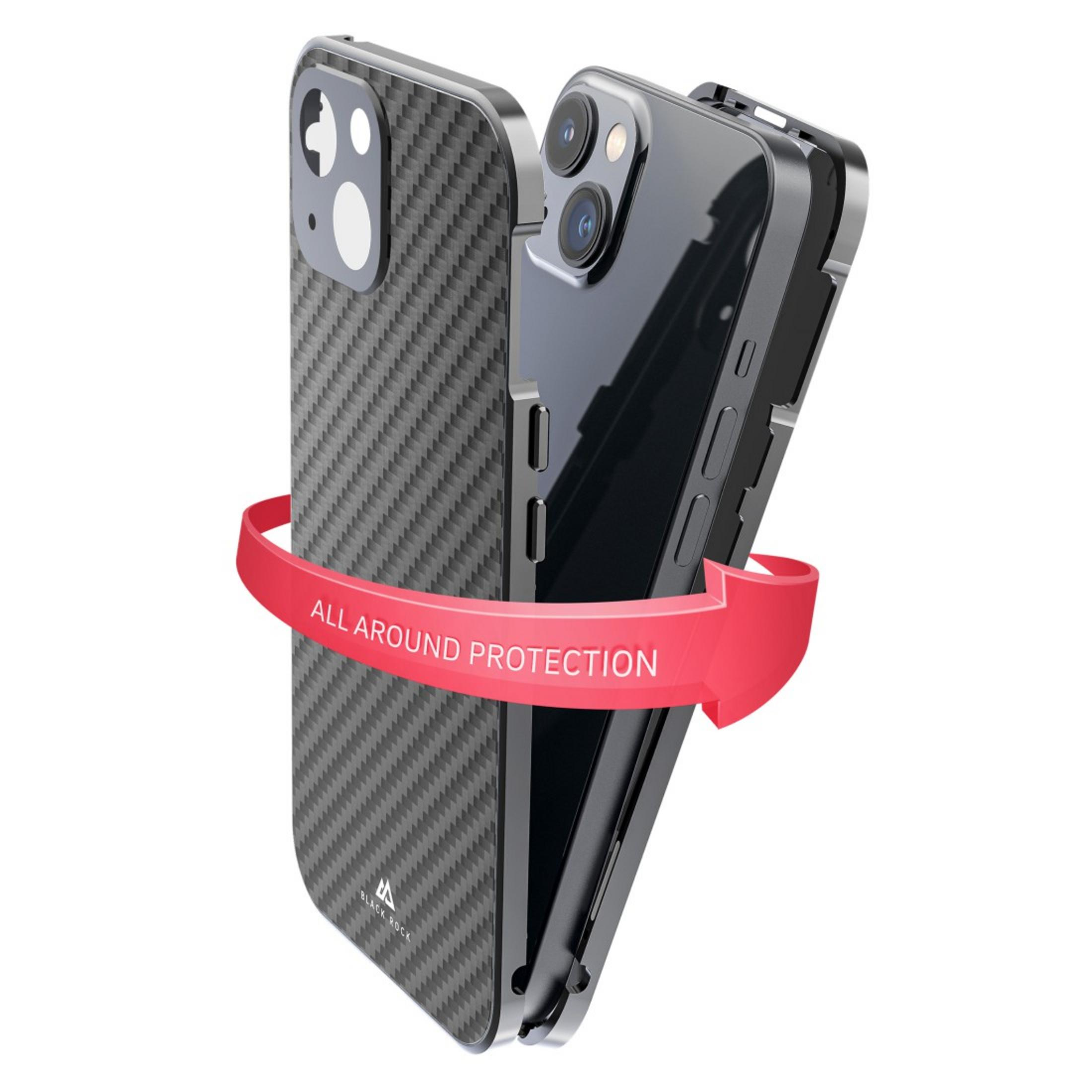 Due telefoni in custodie nere in fibra di carbonio, con uno striscione rosso con scritto 'ALL AROUND PROTECTION'.