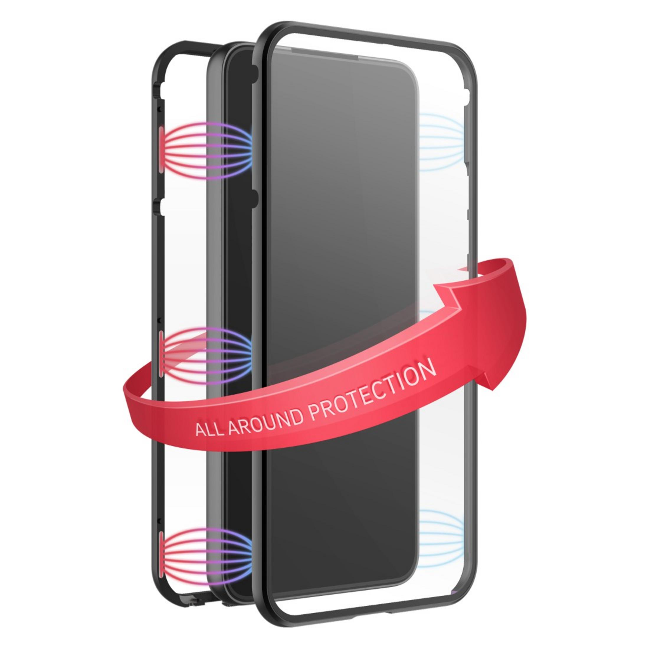 Una custodia per telefono con un telefono all'interno, circondata da una freccia rossa che indica la protezione.