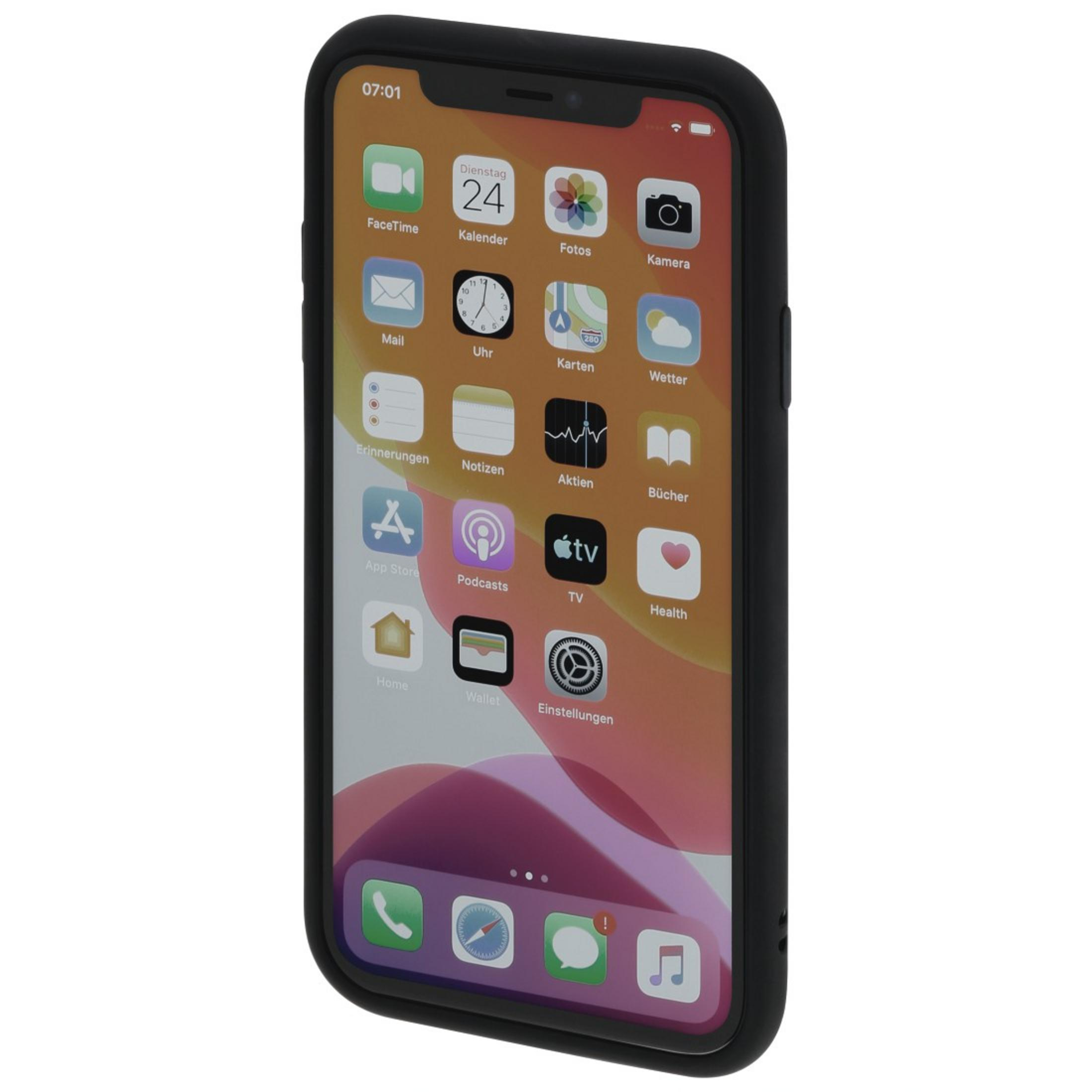 Schwarzes Telefon in schwarzer Hülle mit App-Symbolen auf dem Bildschirm. Weißer Hintergrund.