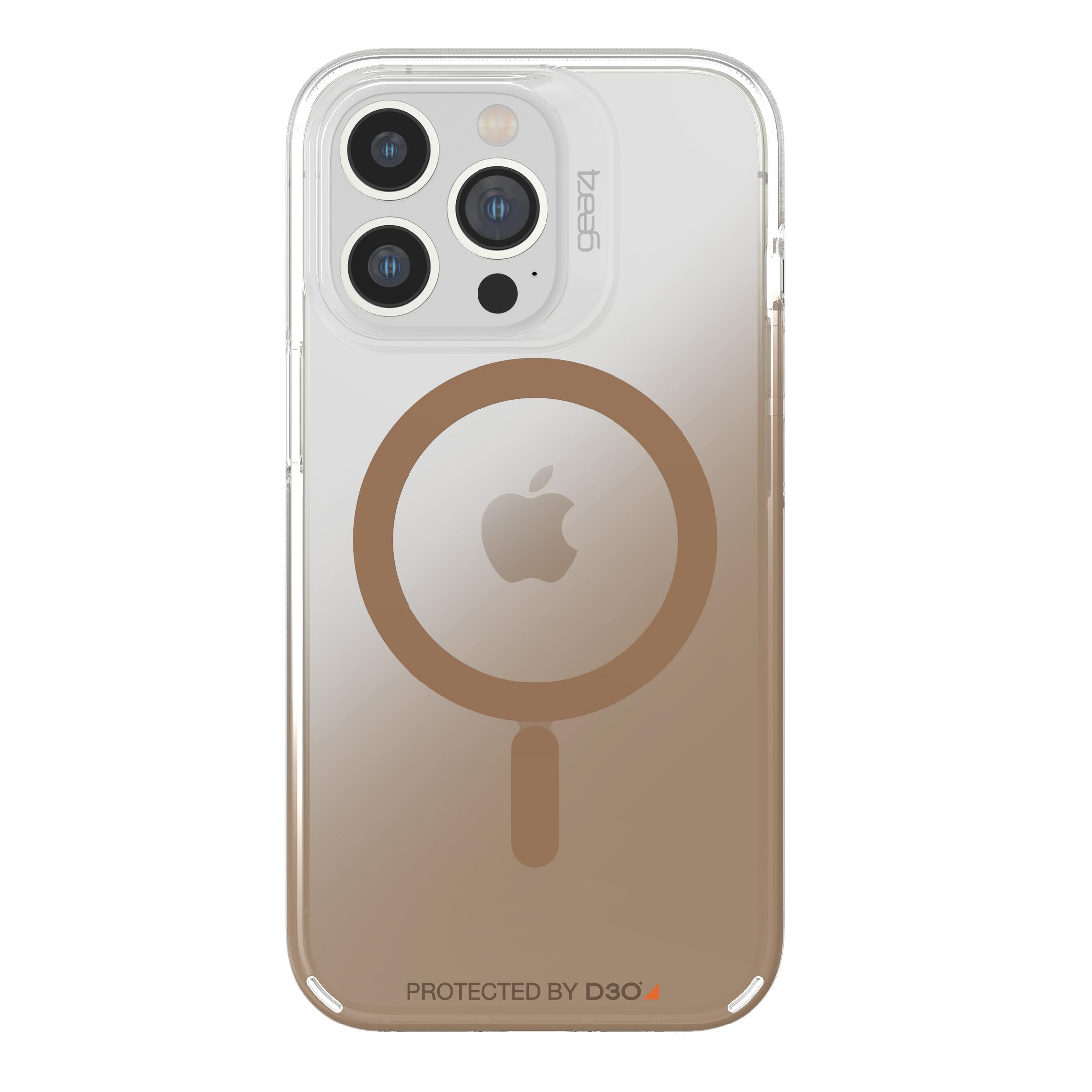 Eine transparente Telefonhülle mit einem braunen Magnetkreis und einem Telefon darin.