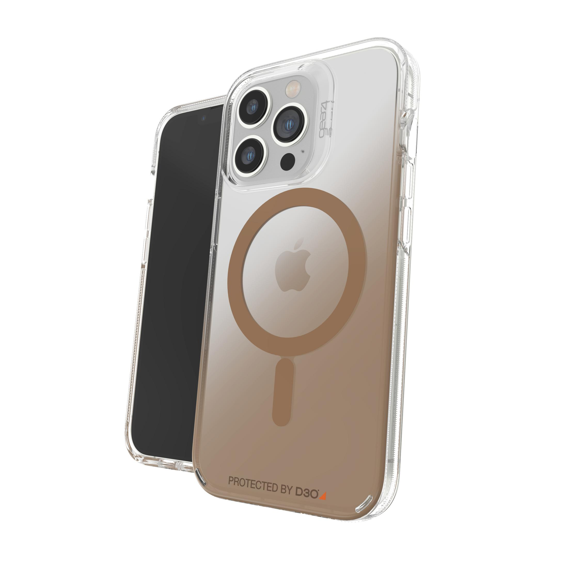 Eine transparente Handyhülle mit einem braunen Kreis auf der Rückseite, mit einem Telefon darin.