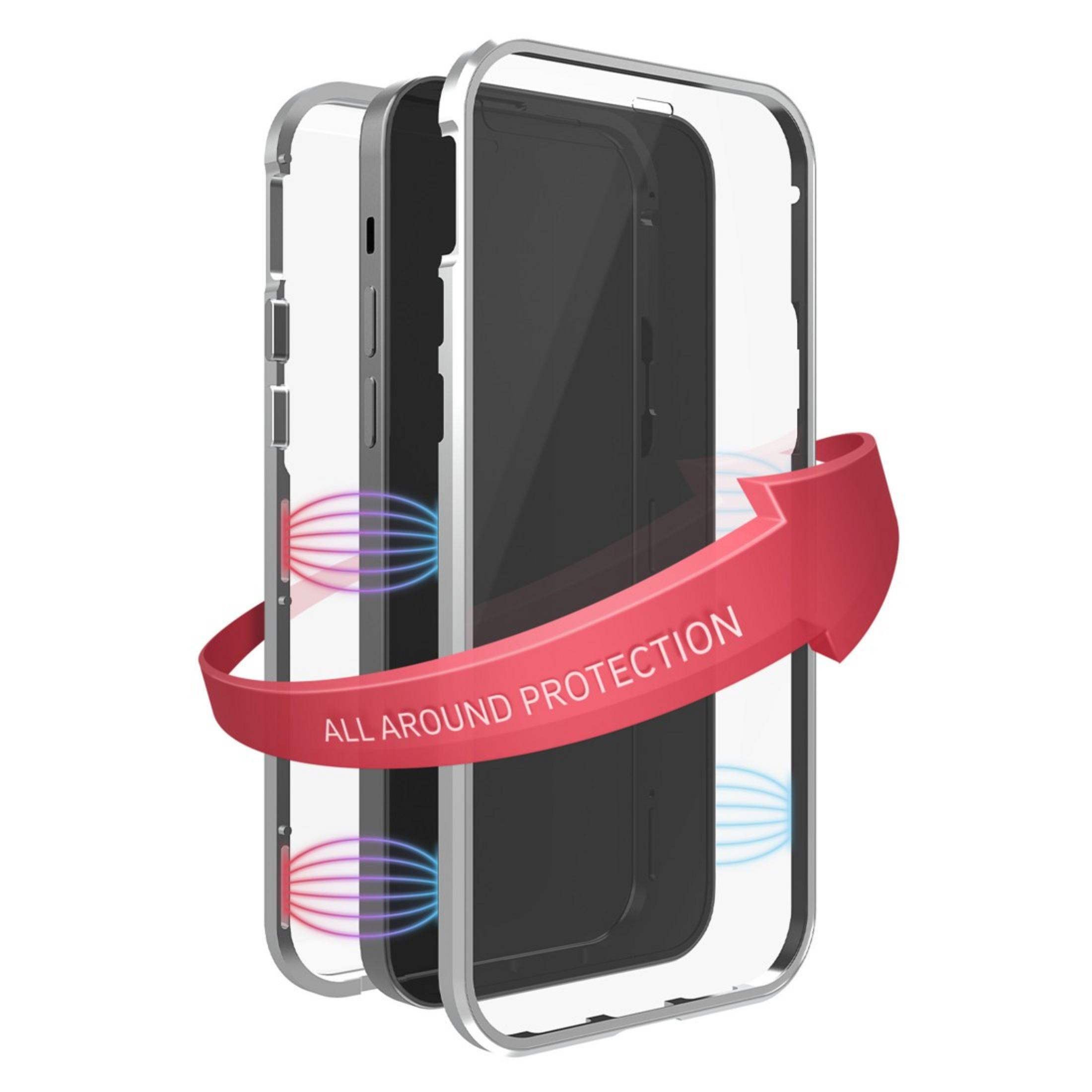 Una custodia per telefono con un telefono all'interno, circondata da una freccia rossa che indica la protezione.