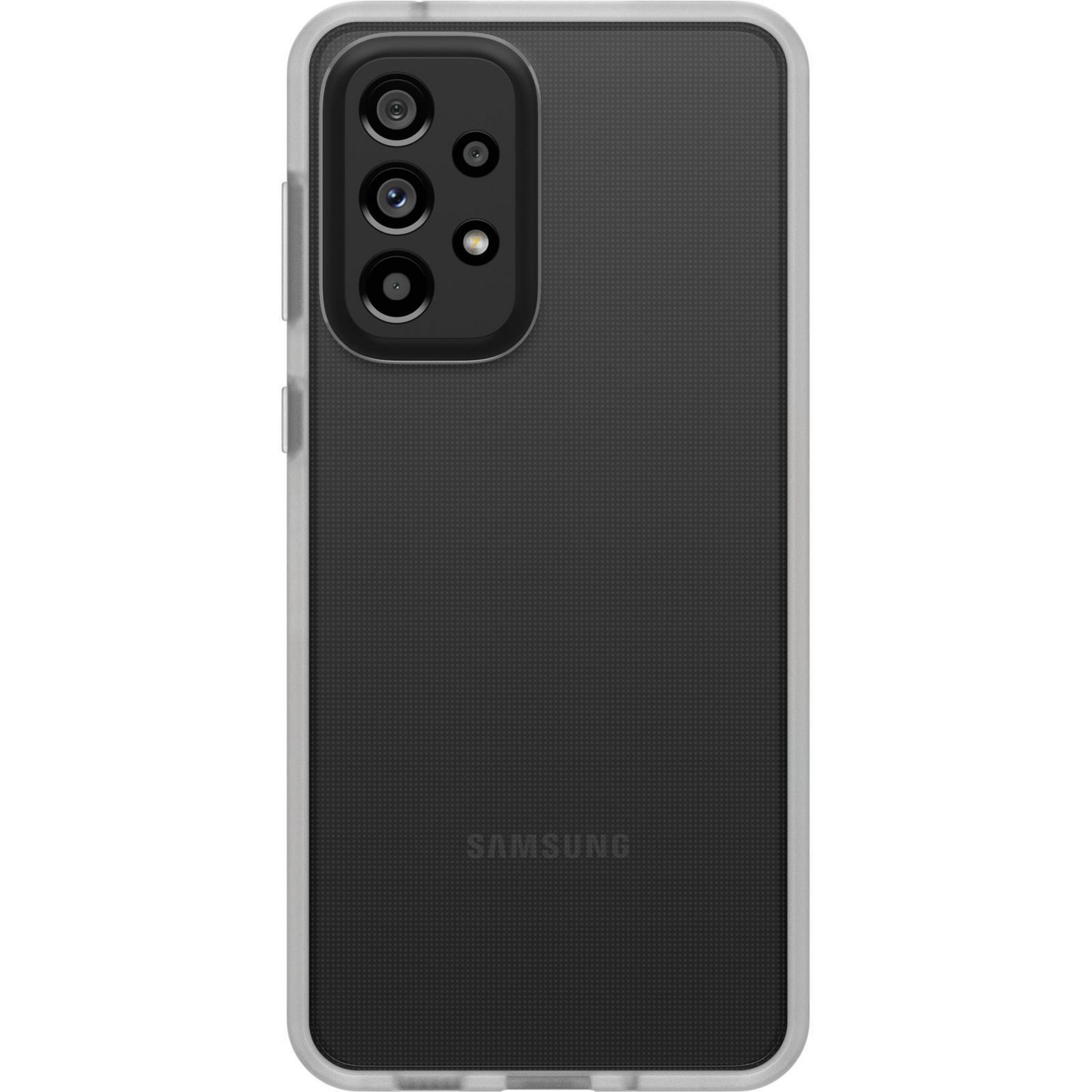 Zwart en transparant telefoonhoesje. De hoes heeft een camera-uitsparing en een Samsung-logo.