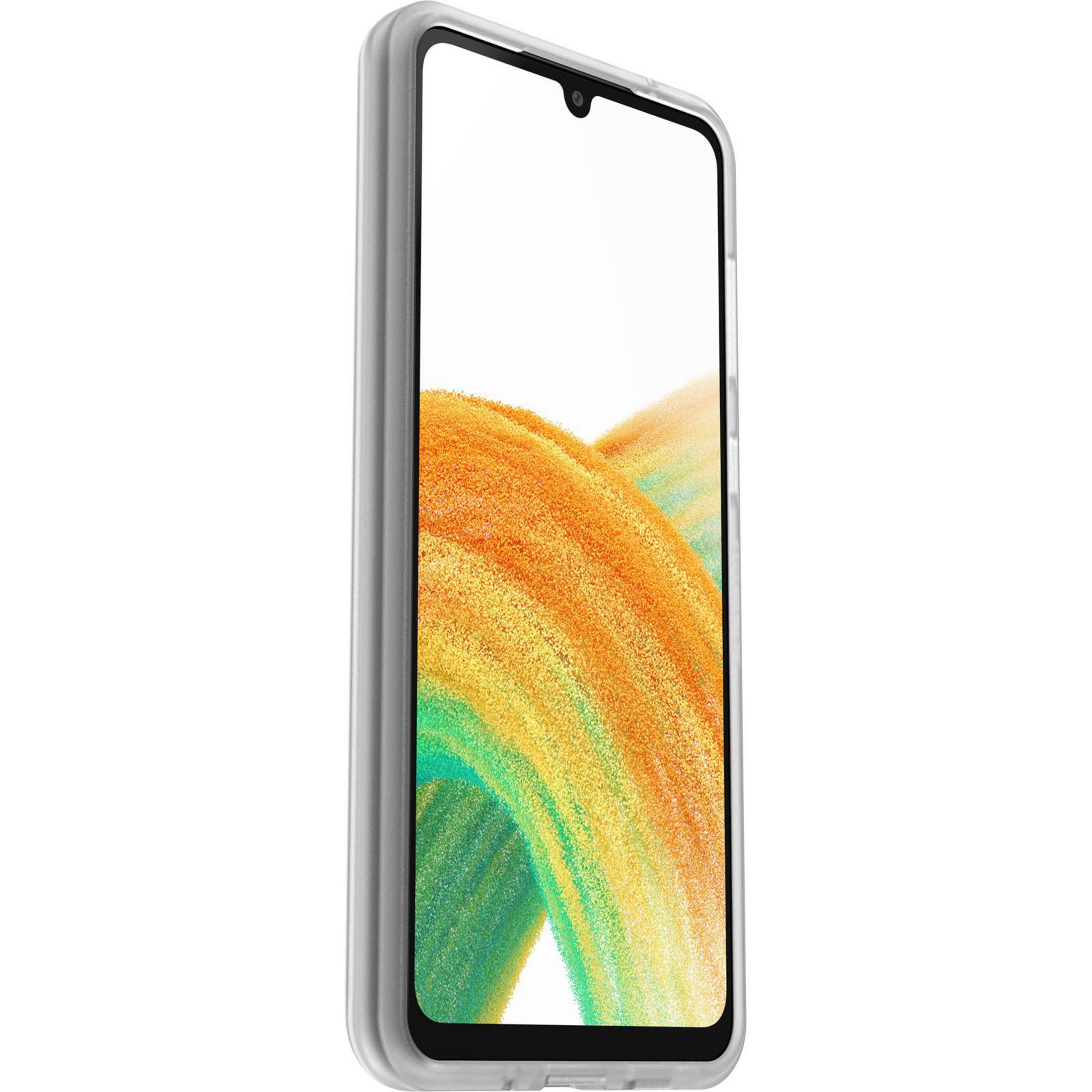 Een telefoon in een doorzichtig hoesje. De telefoon heeft een oranje en gele achtergrond.