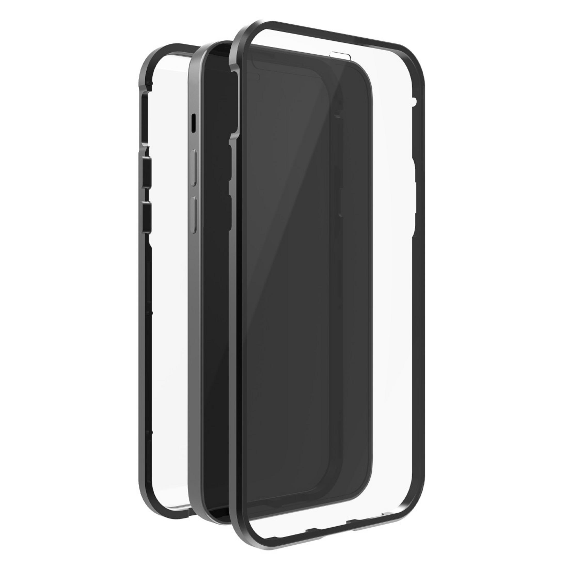 Schwarze Handyhülle, mit dem Telefon zwischen Vorder- und Rückseite der Hülle.