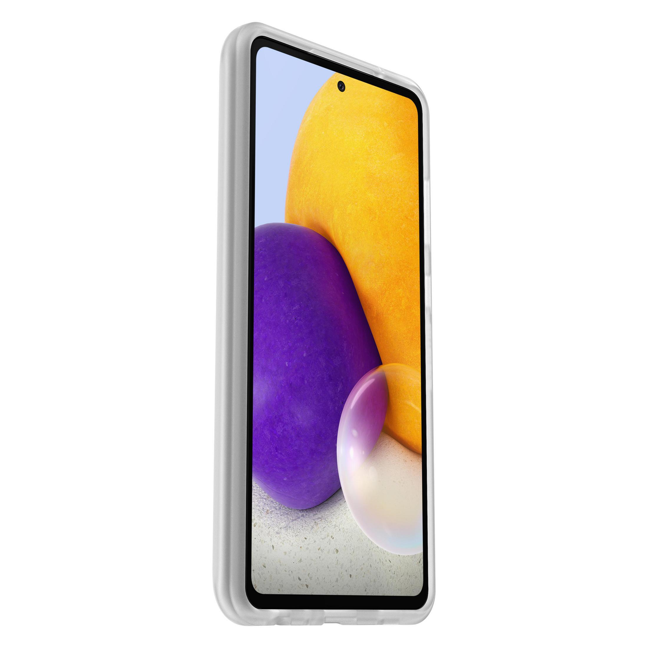Weiße Handyhülle mit Telefon, das gelbe und lila Formen auf dem Bildschirm zeigt.