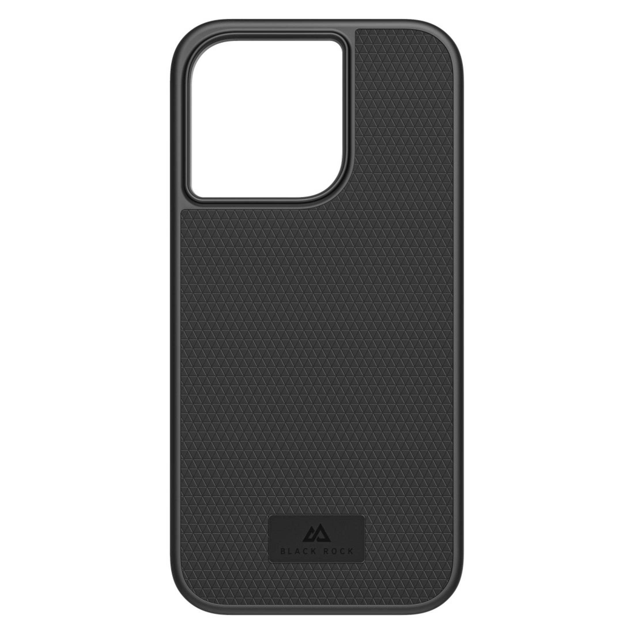 Eine schwarze Handyhülle mit strukturiertem Muster und dem Logo 'BLACK ROCK'.