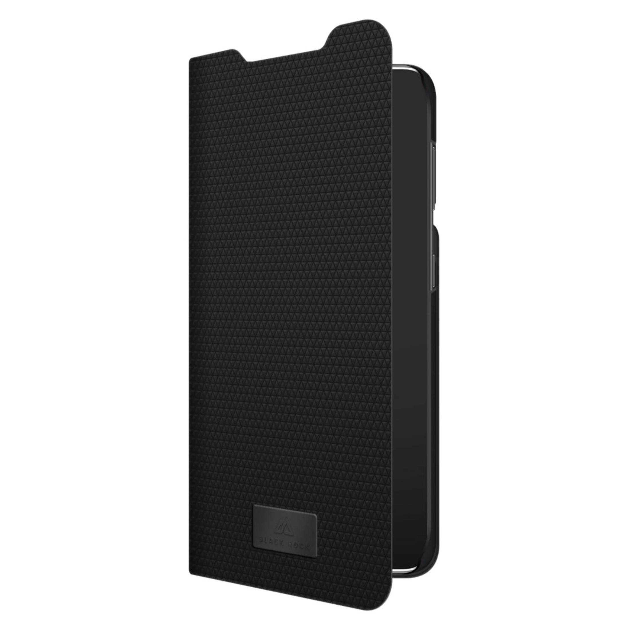 Custodia per telefono nera, con una cover frontale strutturata e un telefono all'interno.
