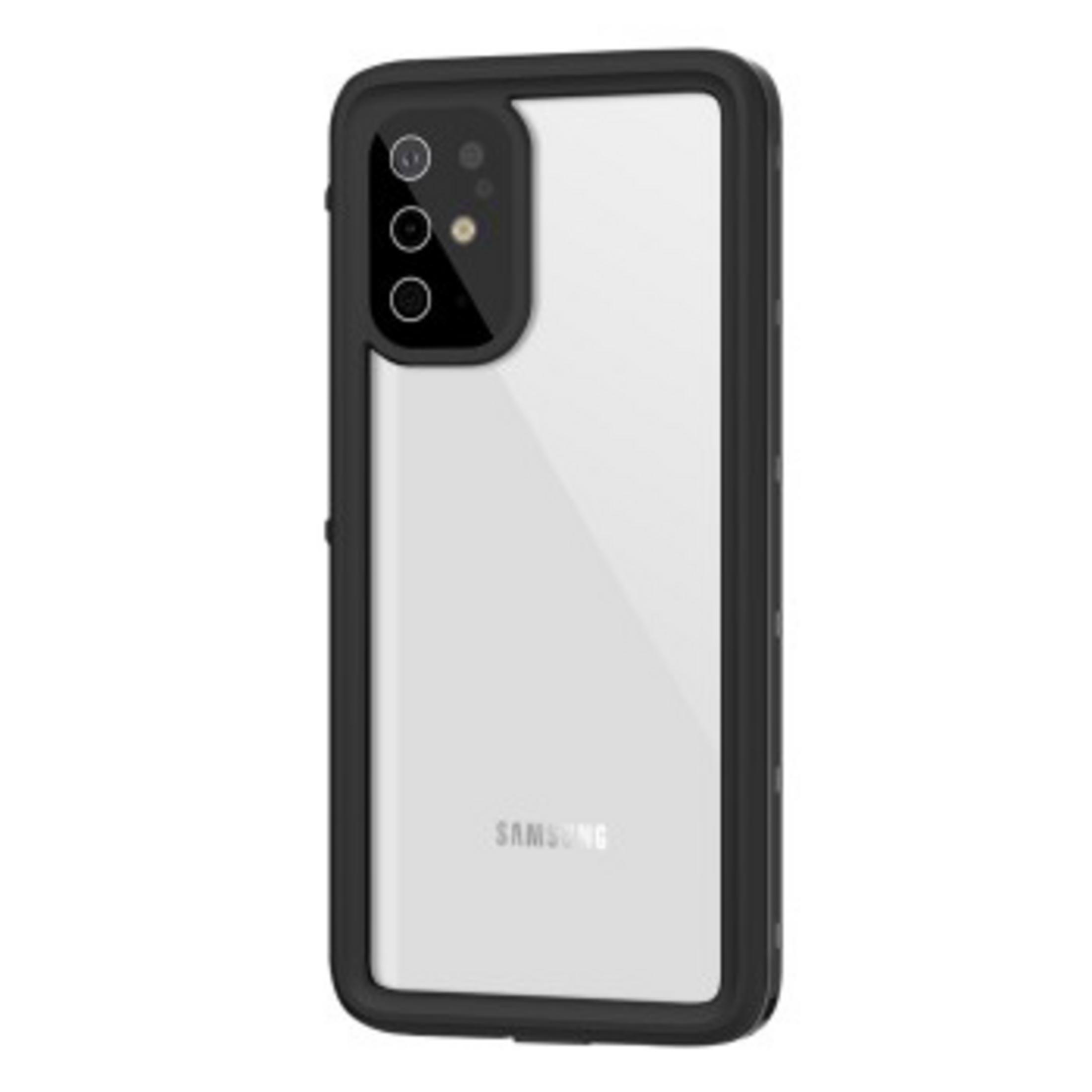 Transparente Handyhülle mit schwarzem Rahmen, zeigt das Telefon im Inneren.