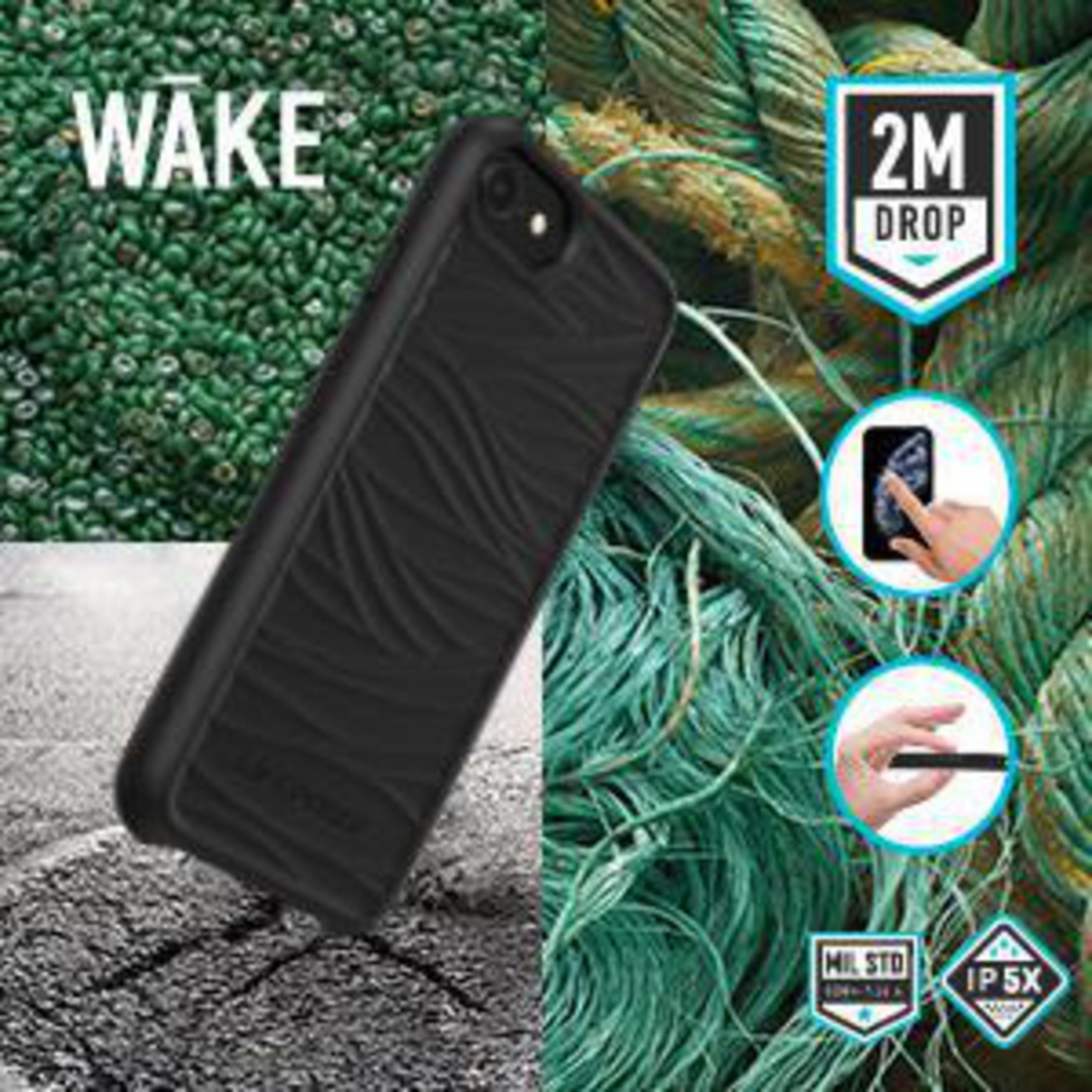 Schwarze Handyhülle mit Text 'WAKE'. Zeigt Fallschutz und andere Funktionen.