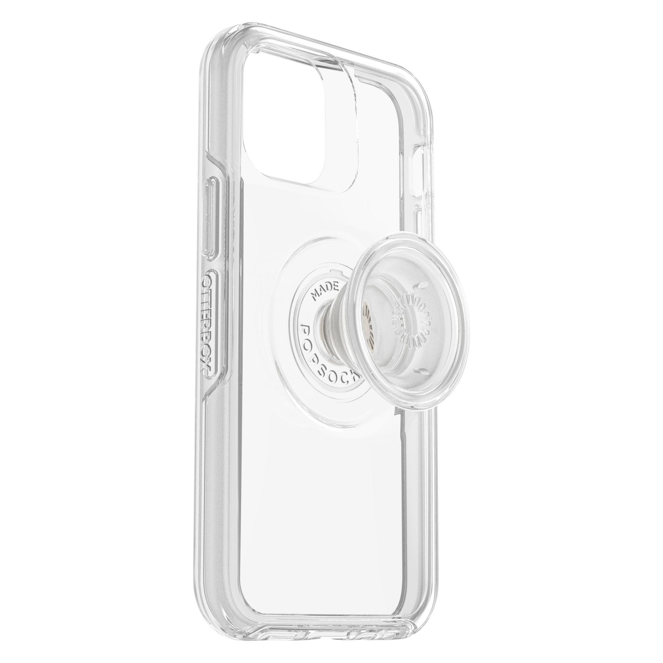 Funda transparente con PopSocket. Fondo blanco.