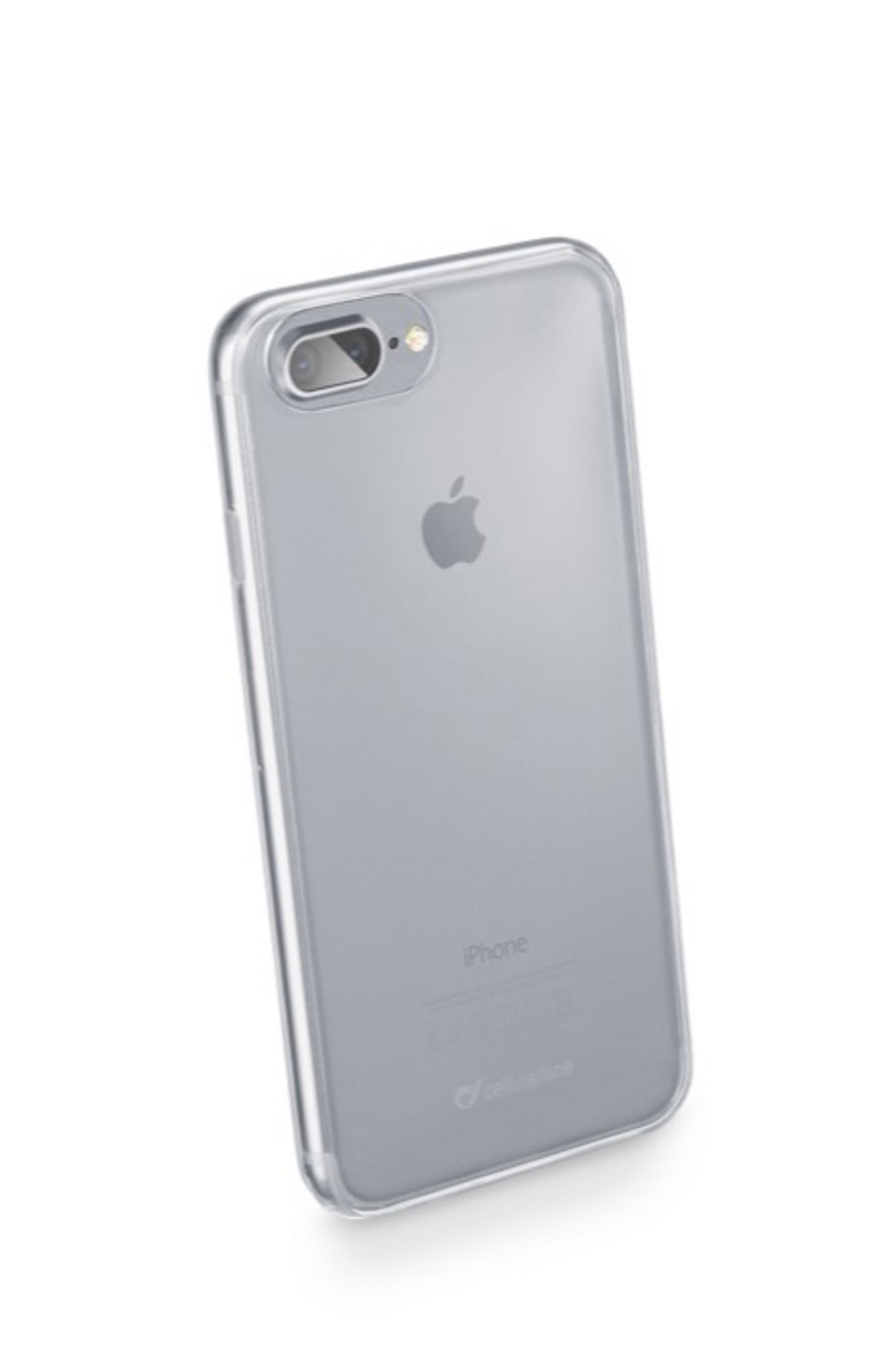 Una custodia trasparente per telefono su sfondo bianco. Il retro di un iPhone è visibile.